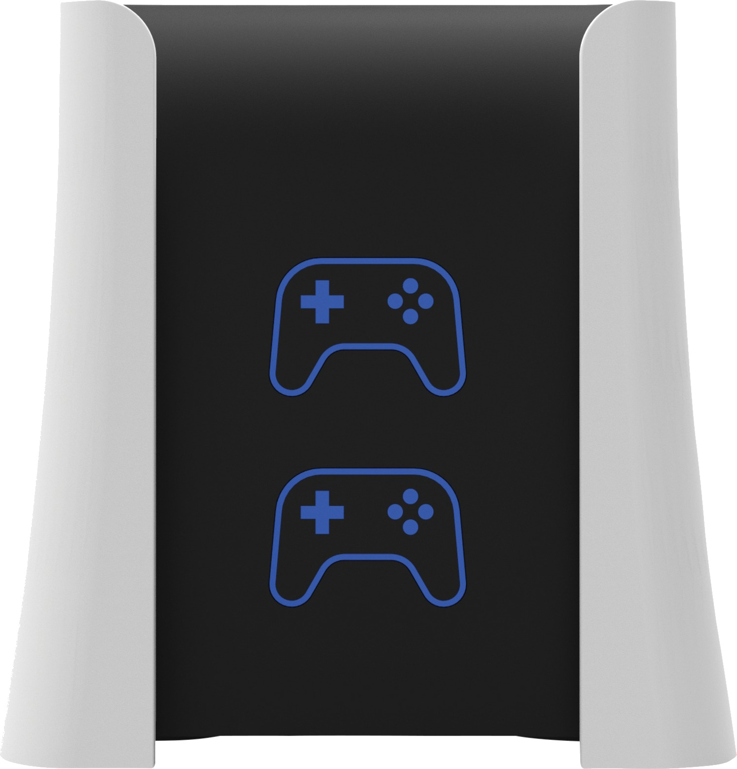 White stand with blue game controller icons, designed for holding a console.