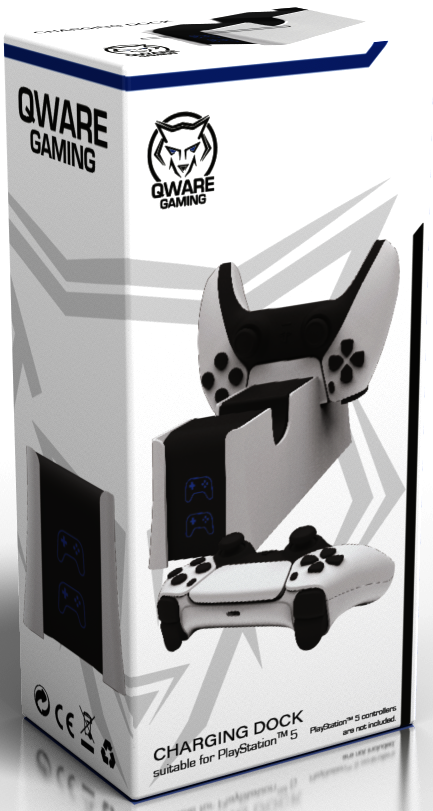 A white and black QWARE Gaming charging dock box with a PlayStation 5 controller.