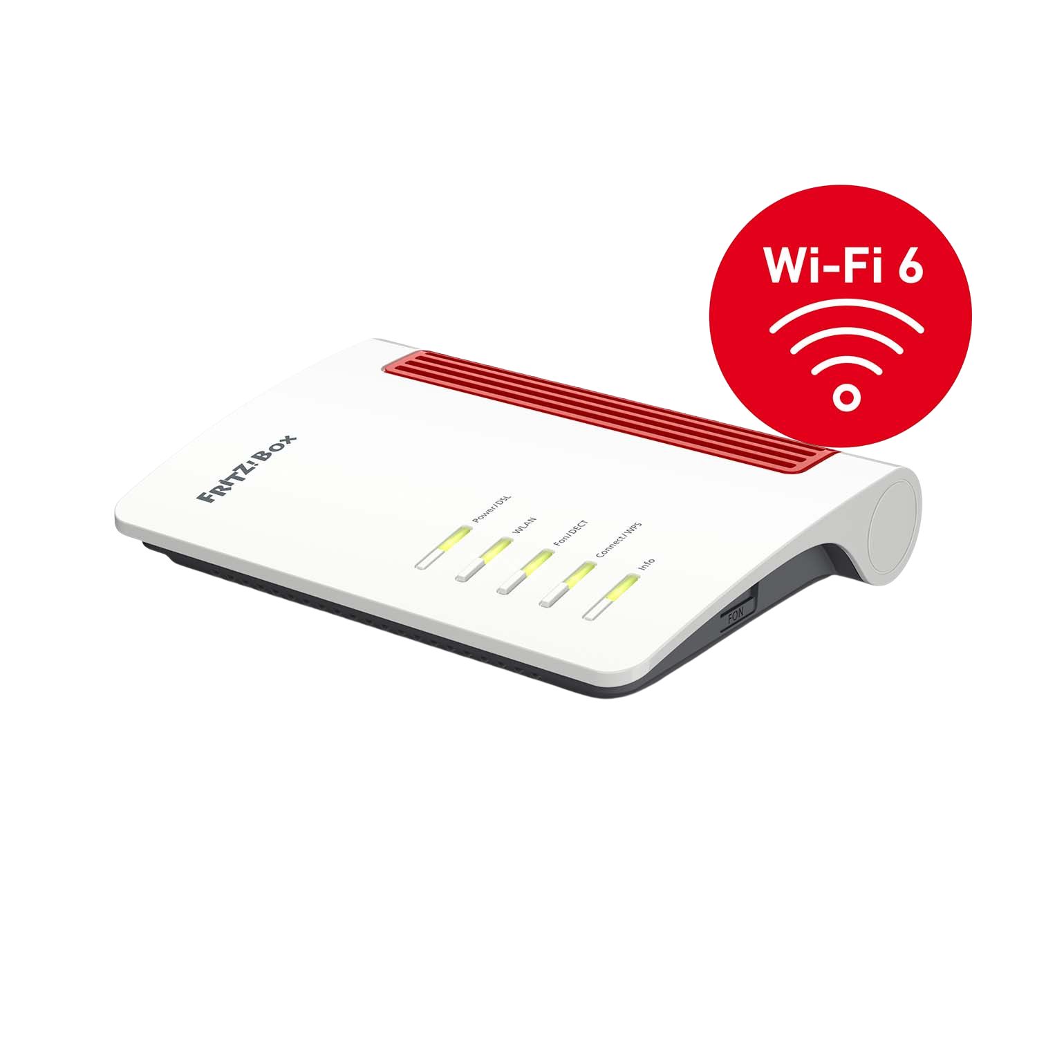 Enrutador blanco con el logotipo de Wi-Fi 6 y un acento rojo en la parte superior.