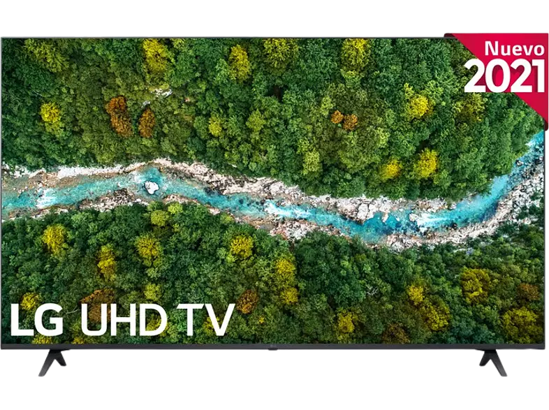 LG UHD TV, la pantalla muestra una escena de bosque y río. La etiqueta 'Nuevo 2021' está en la esquina superior derecha.
