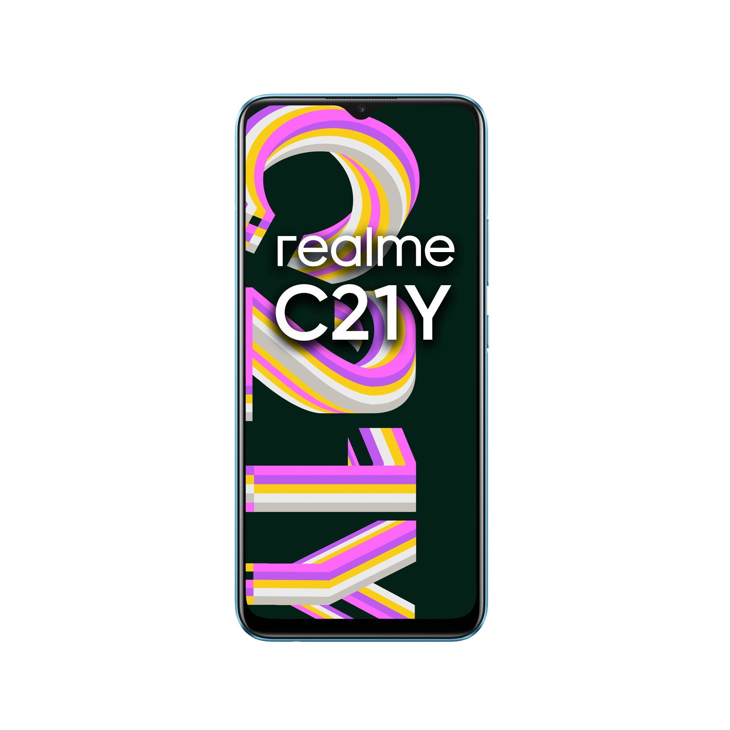 Teléfono Realme C21Y mostrando un gráfico colorido en pantalla, fondo negro.