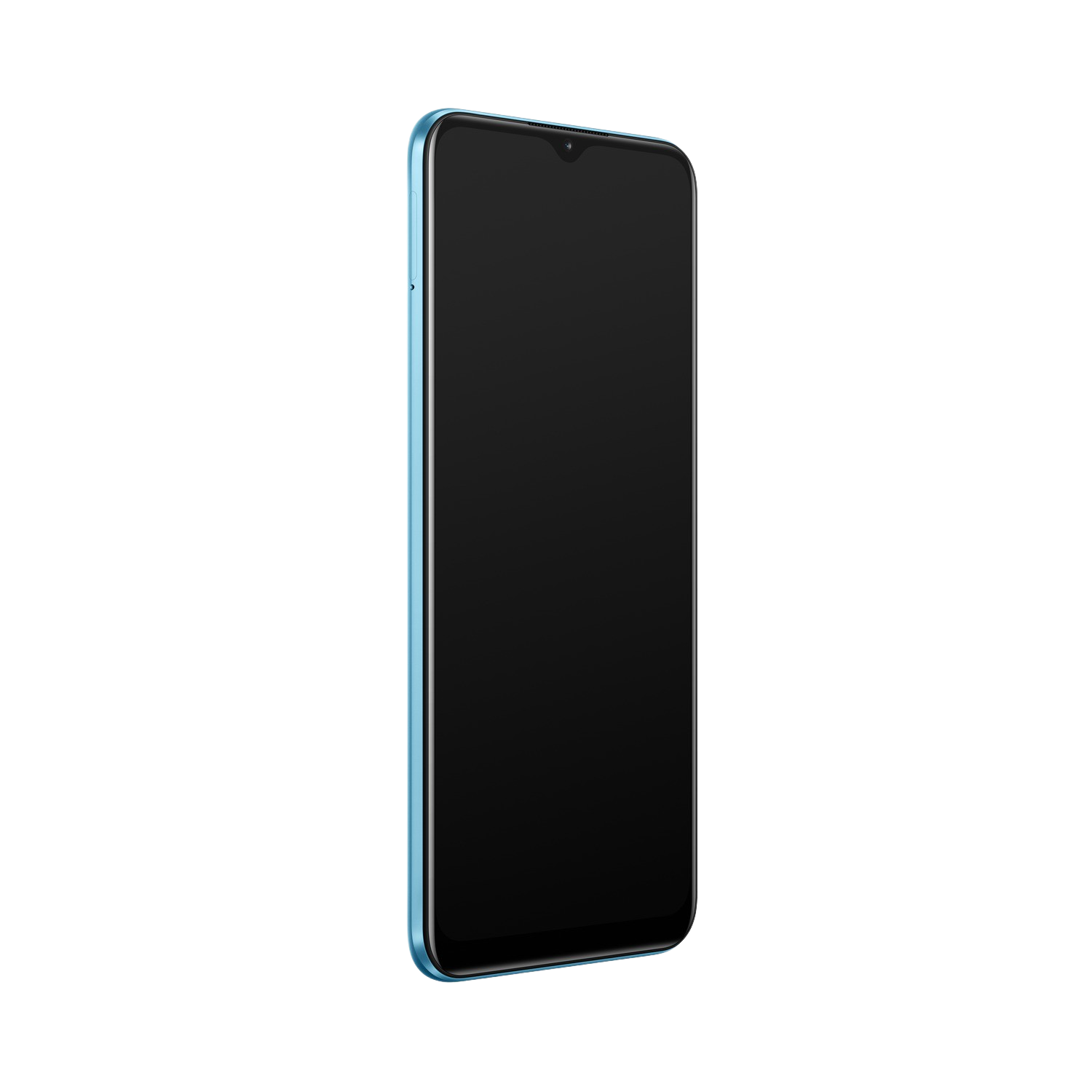 Smartphone azul en ángulo, con pantalla negra, aislado sobre fondo negro.