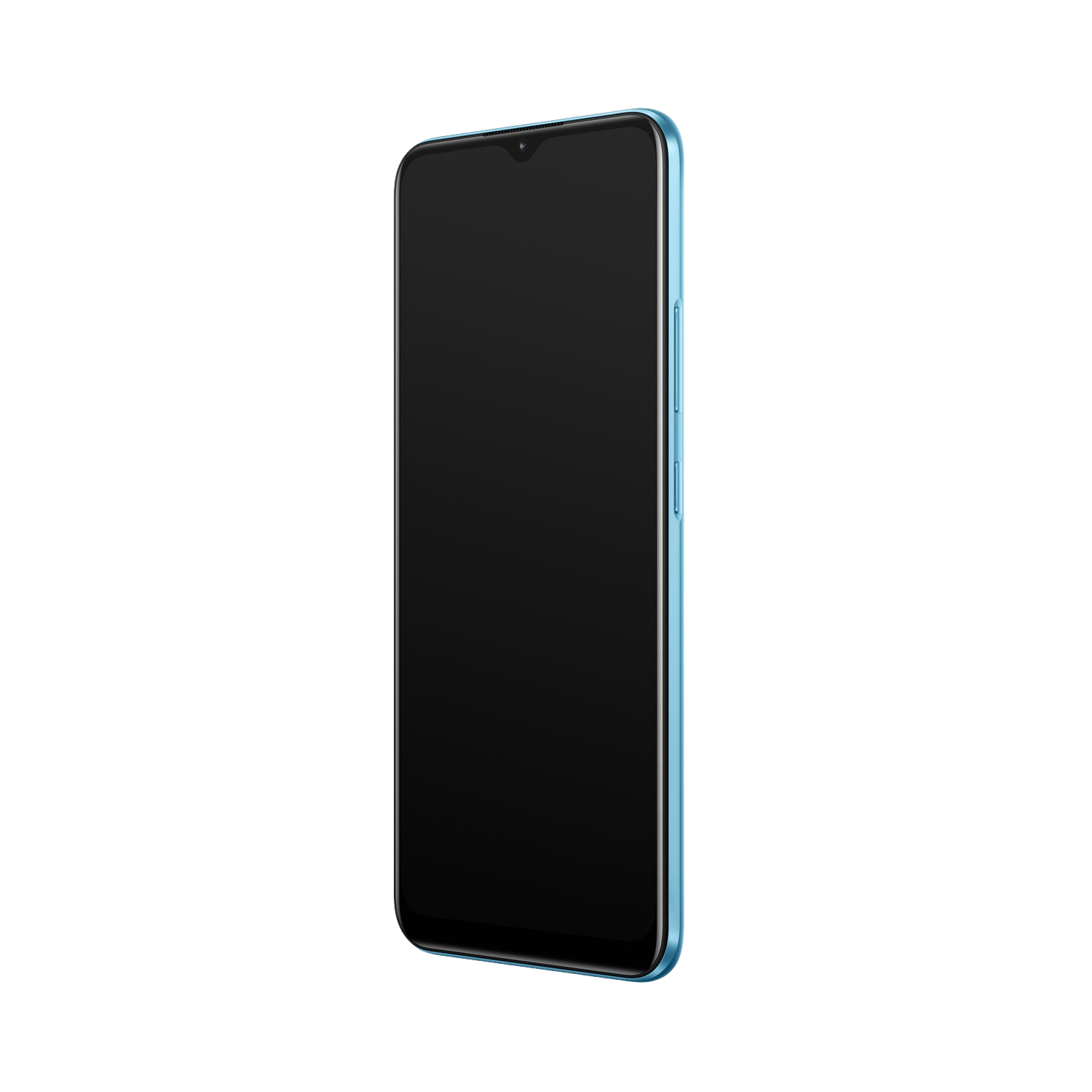 Smartphone azul, vista de perfil, pantalla negra, fondo negro.