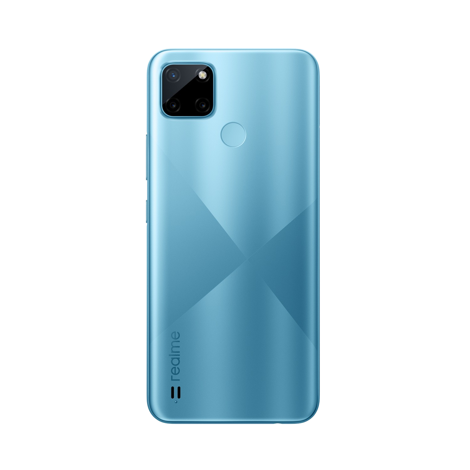 Parte trasera del teléfono Realme azul claro. Cámara doble y sensor de huellas.