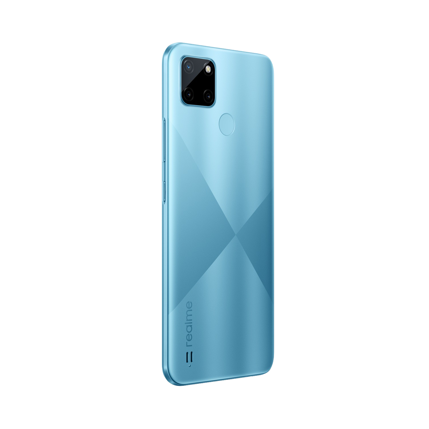 Teléfono inteligente azul, vista trasera en ángulo, con cámara y logotipo. Fondo negro.