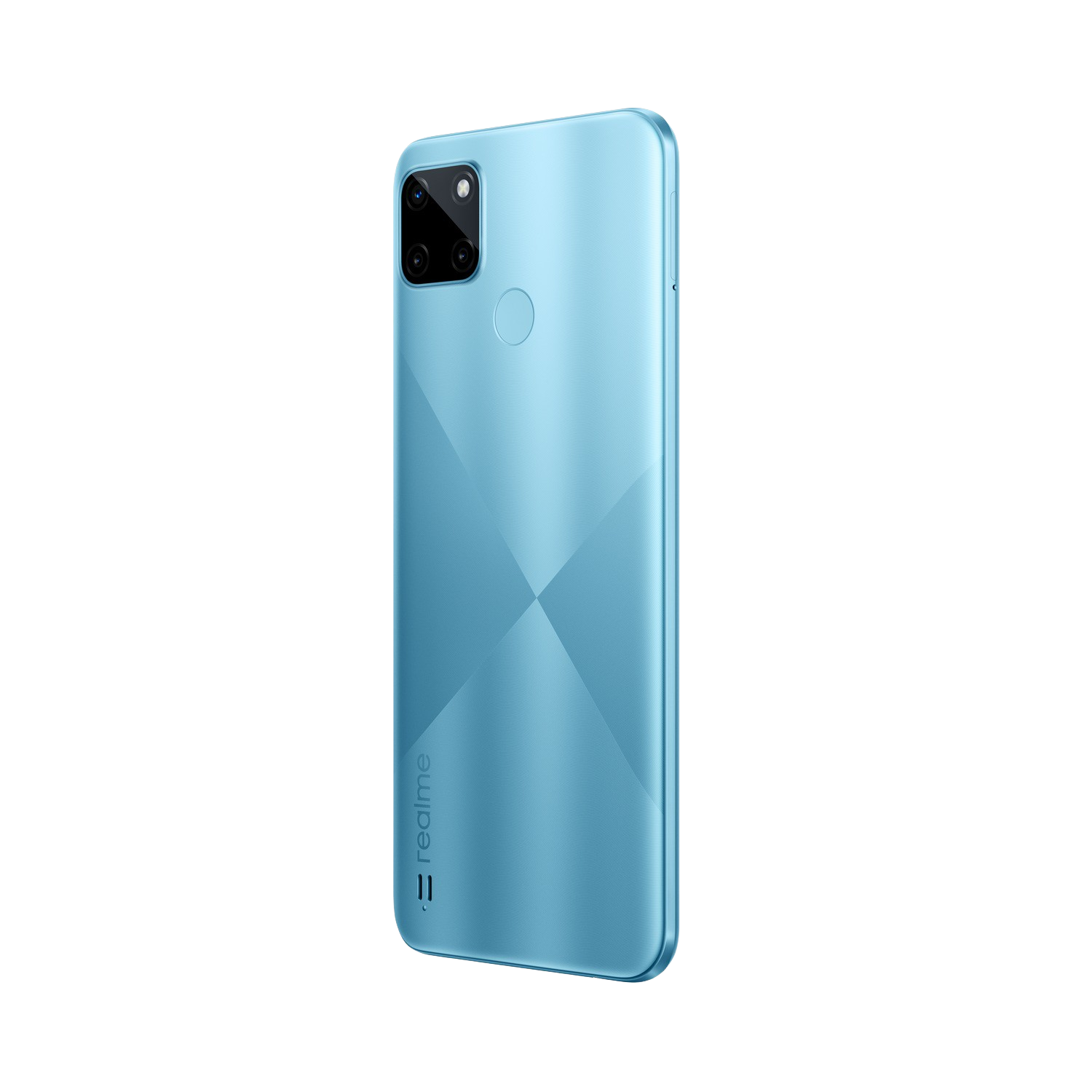 Parte trasera de un smartphone azul claro. Cuenta con un módulo de cámara y sensor de huellas.