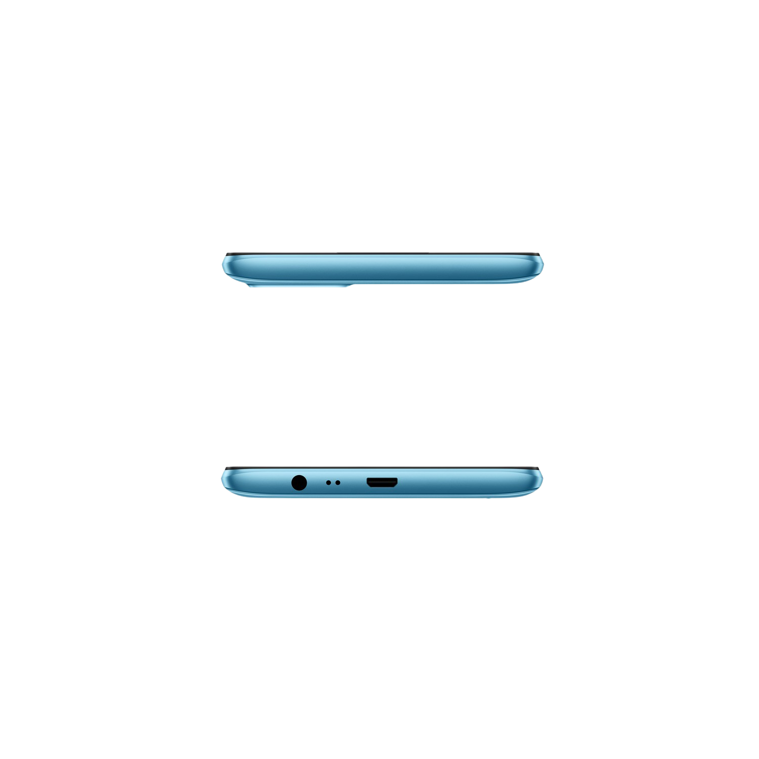 Dos smartphones azules sobre fondo negro, mostrando vistas laterales e inferior.