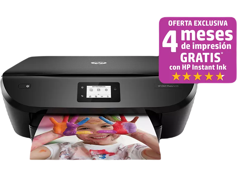 Impresora HP negra con impresión de niño con manos pintadas. Promoción púrpura.