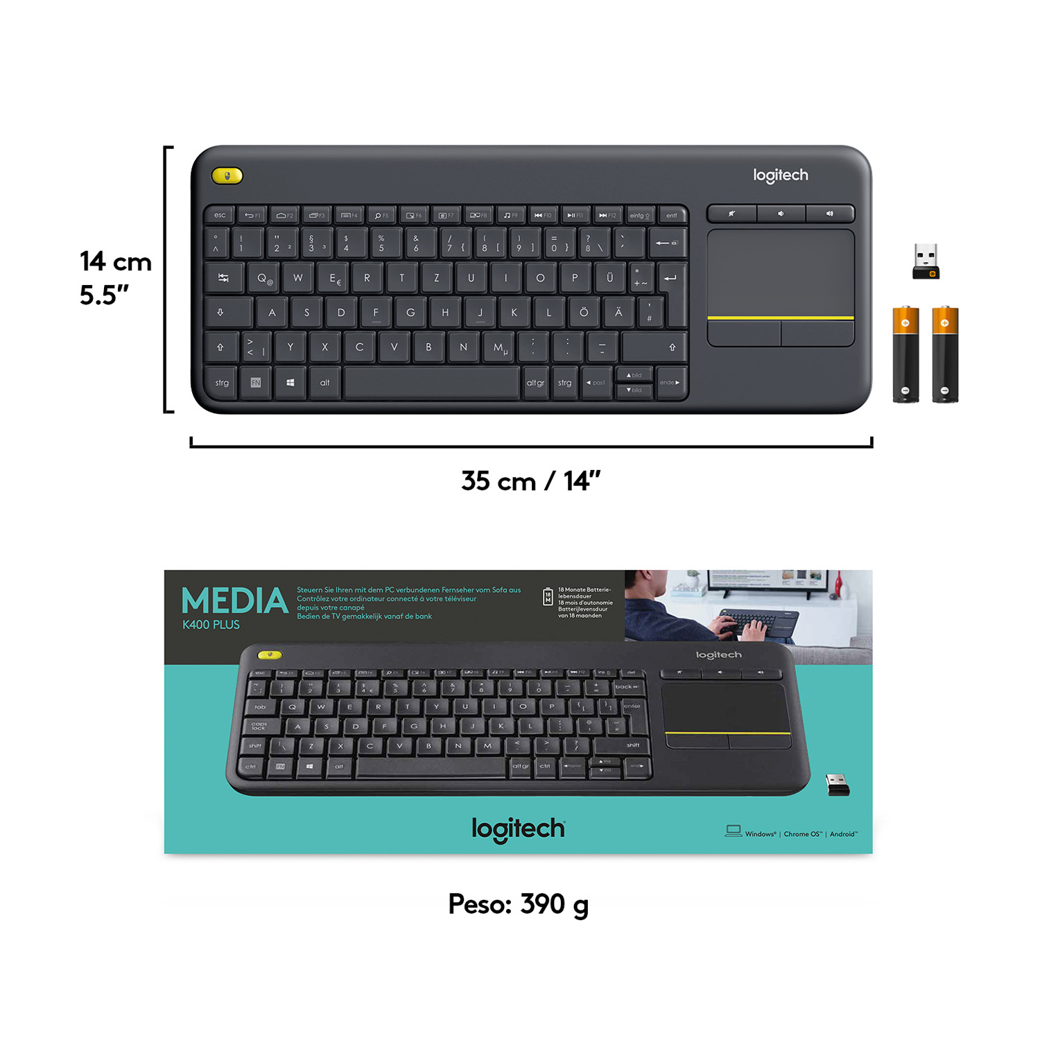 Tastiera Logitech con dimensioni e dettagli del peso. Include tastiera e due batterie.