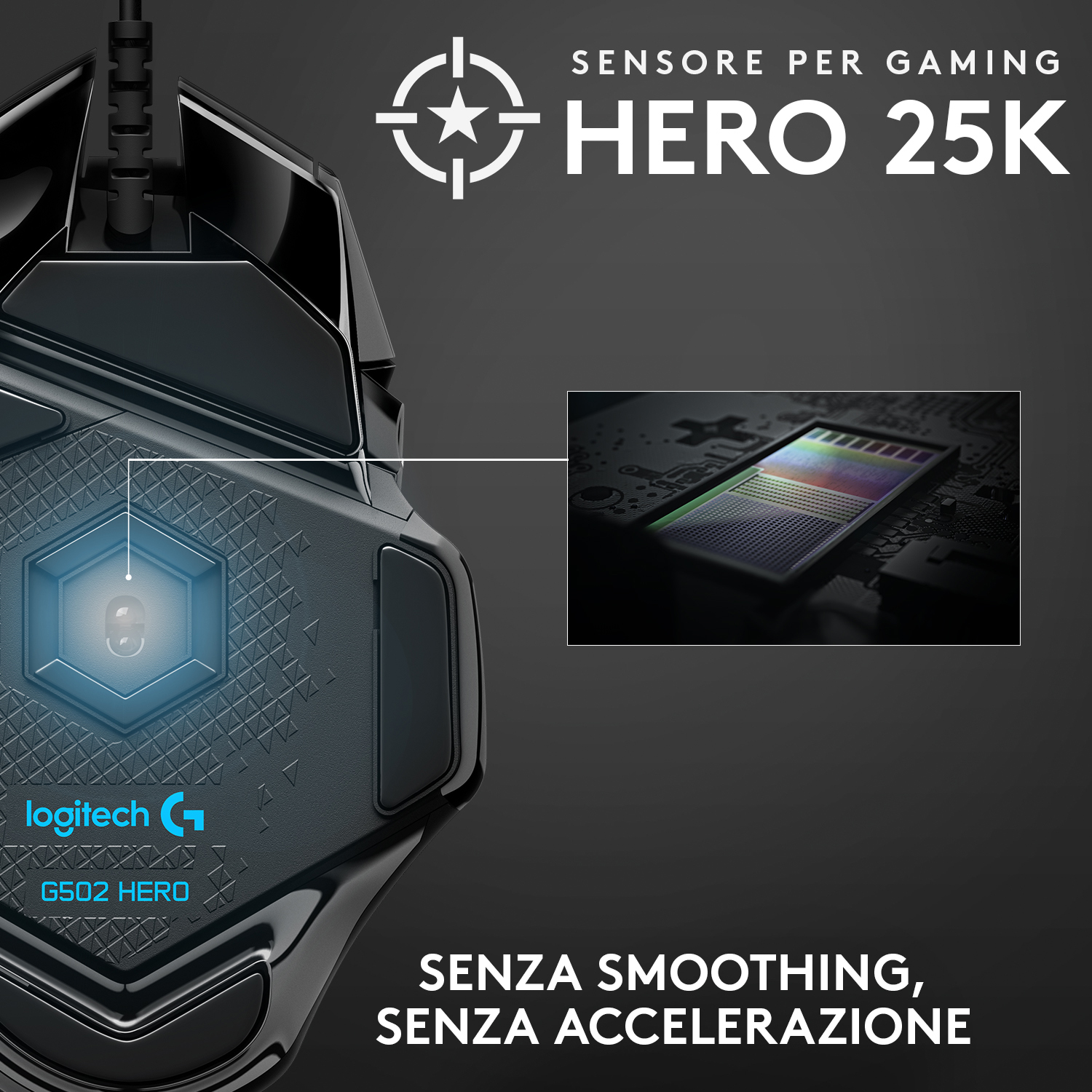 Mouse da gioco Logitech G502 HERO, nero con dettagli blu. Presenta testo e un primo piano del sensore.