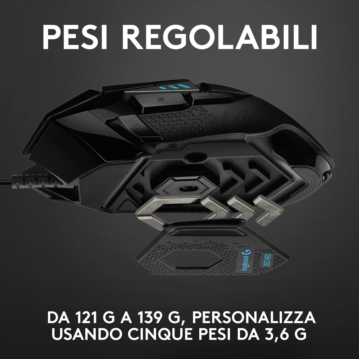 Mouse da gaming nero con pesi, il testo recita: "Pesi regolabili" e 121-139g.