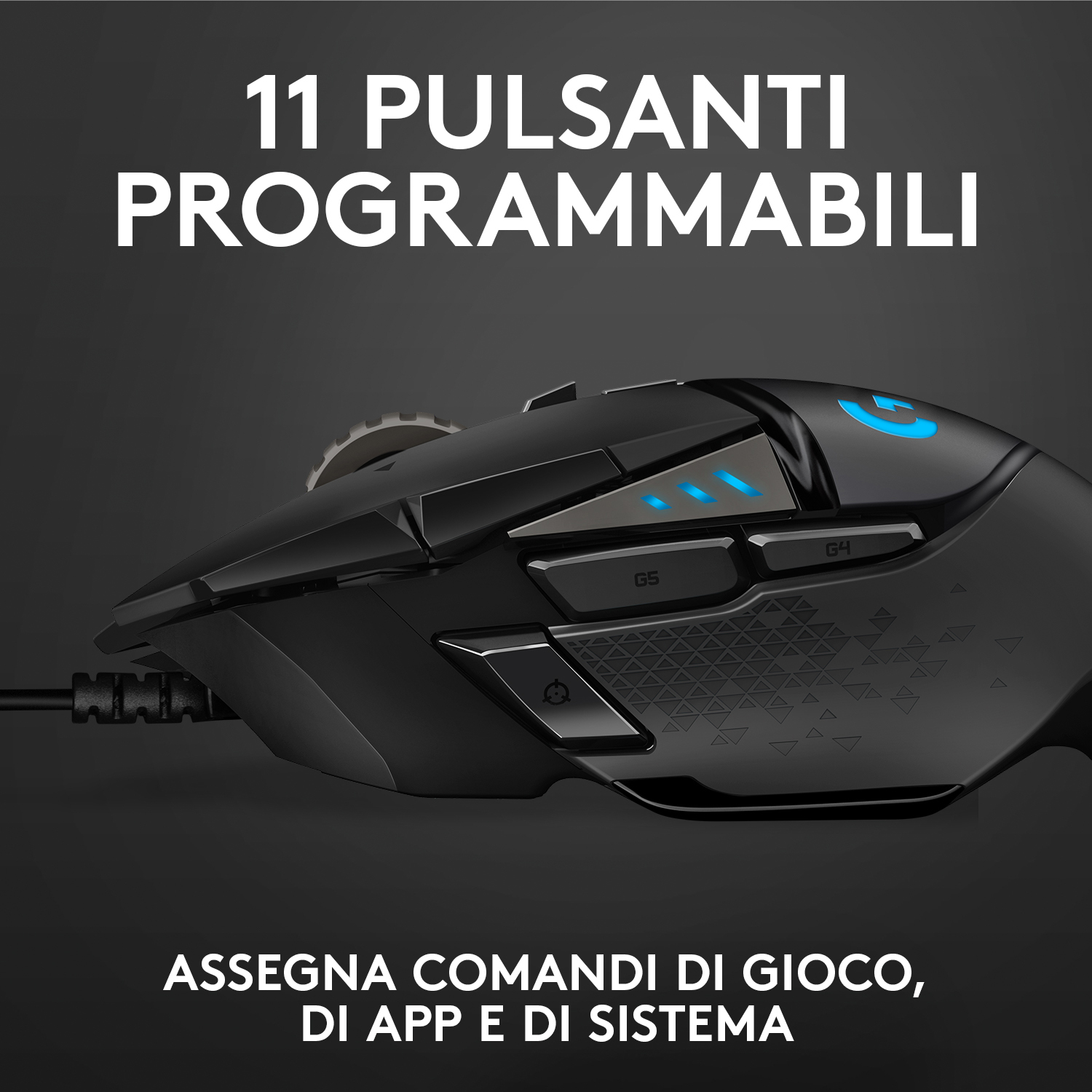 Un mouse da gioco nero con testo in italiano. Ci sono diversi pulsanti visibili sul mouse.