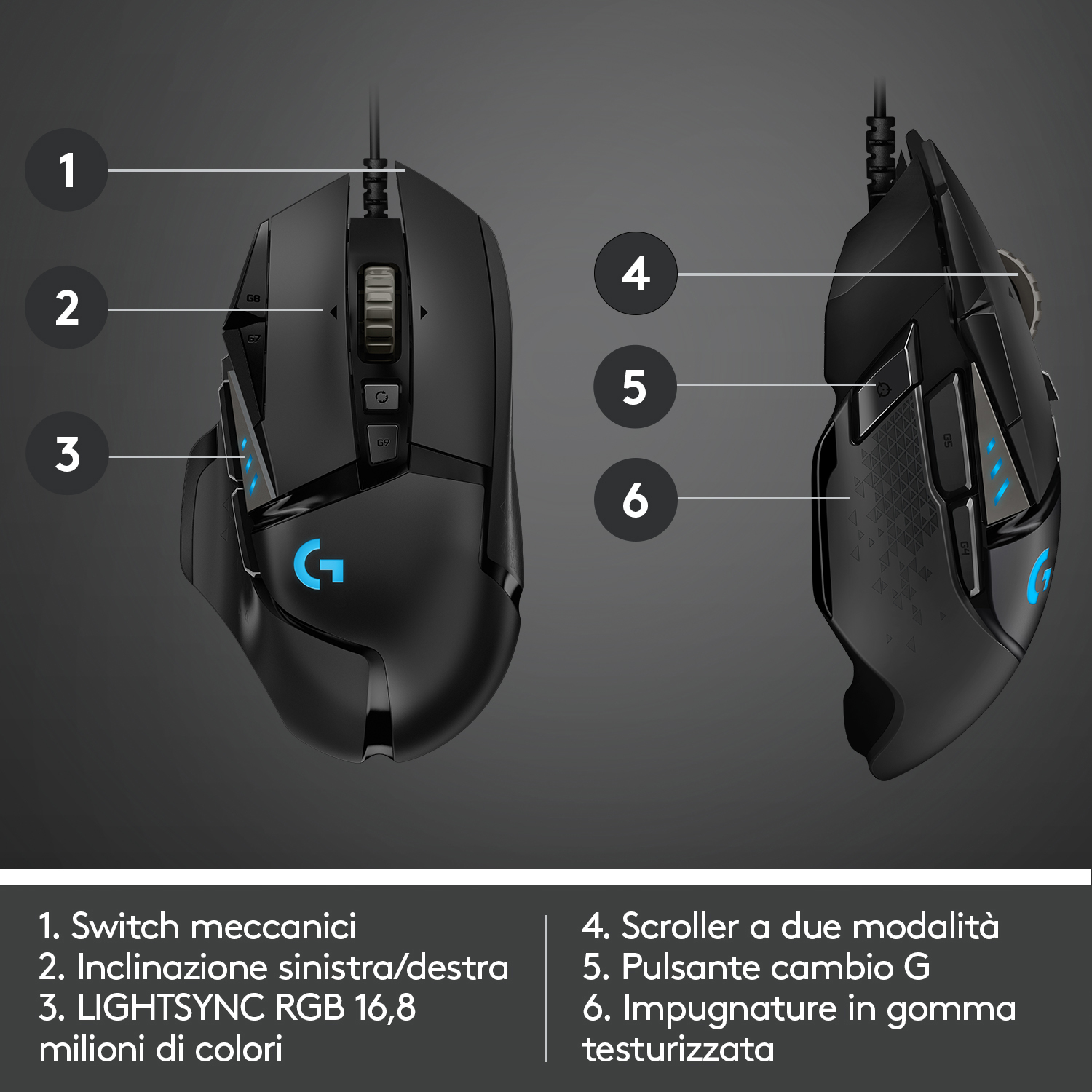 Un mouse da gioco nero con pulsanti e logo. Vista dettagliata del mouse.