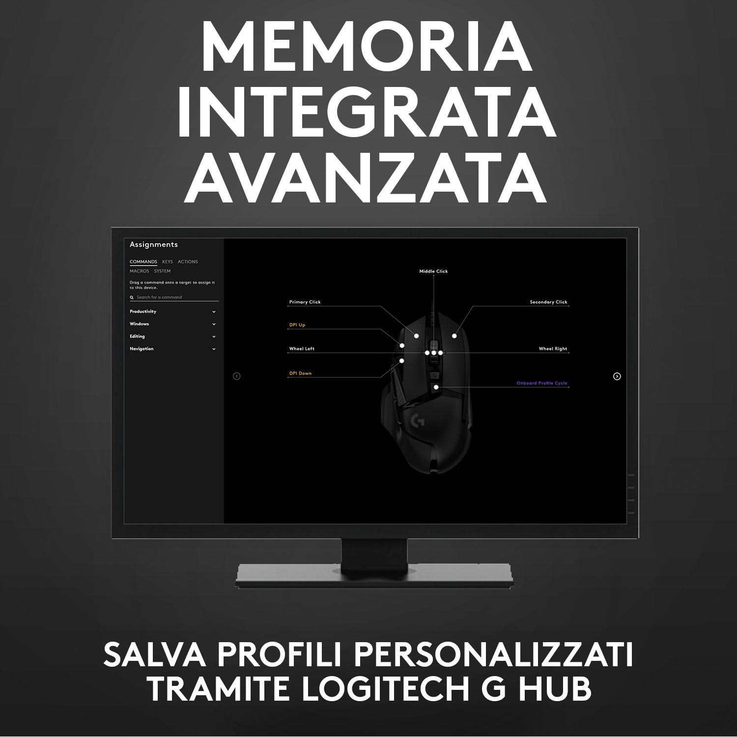 Un mouse nero su un monitor. Il monitor mostra un menu impostazioni. Il testo è in italiano.