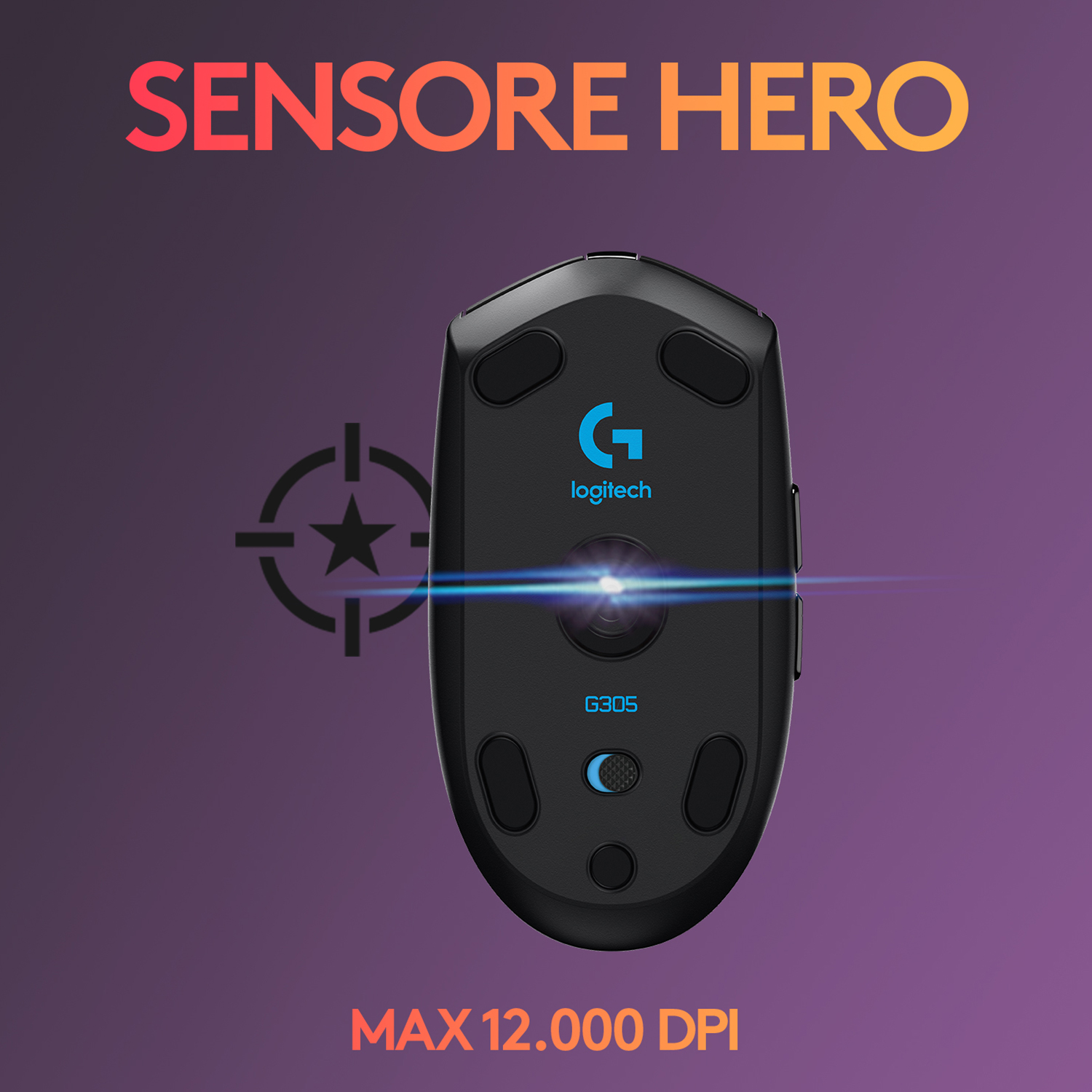 Mouse Logitech G305 nero con grafica bersaglio e testo.