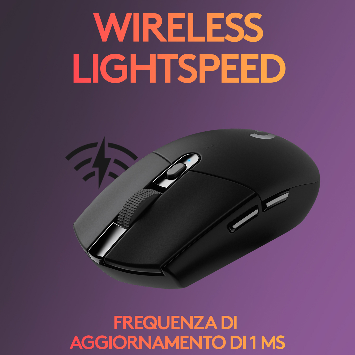 Un mouse wireless nero con rotella di scorrimento. Testo in alto e in basso. Sfondo viola e arancione.
