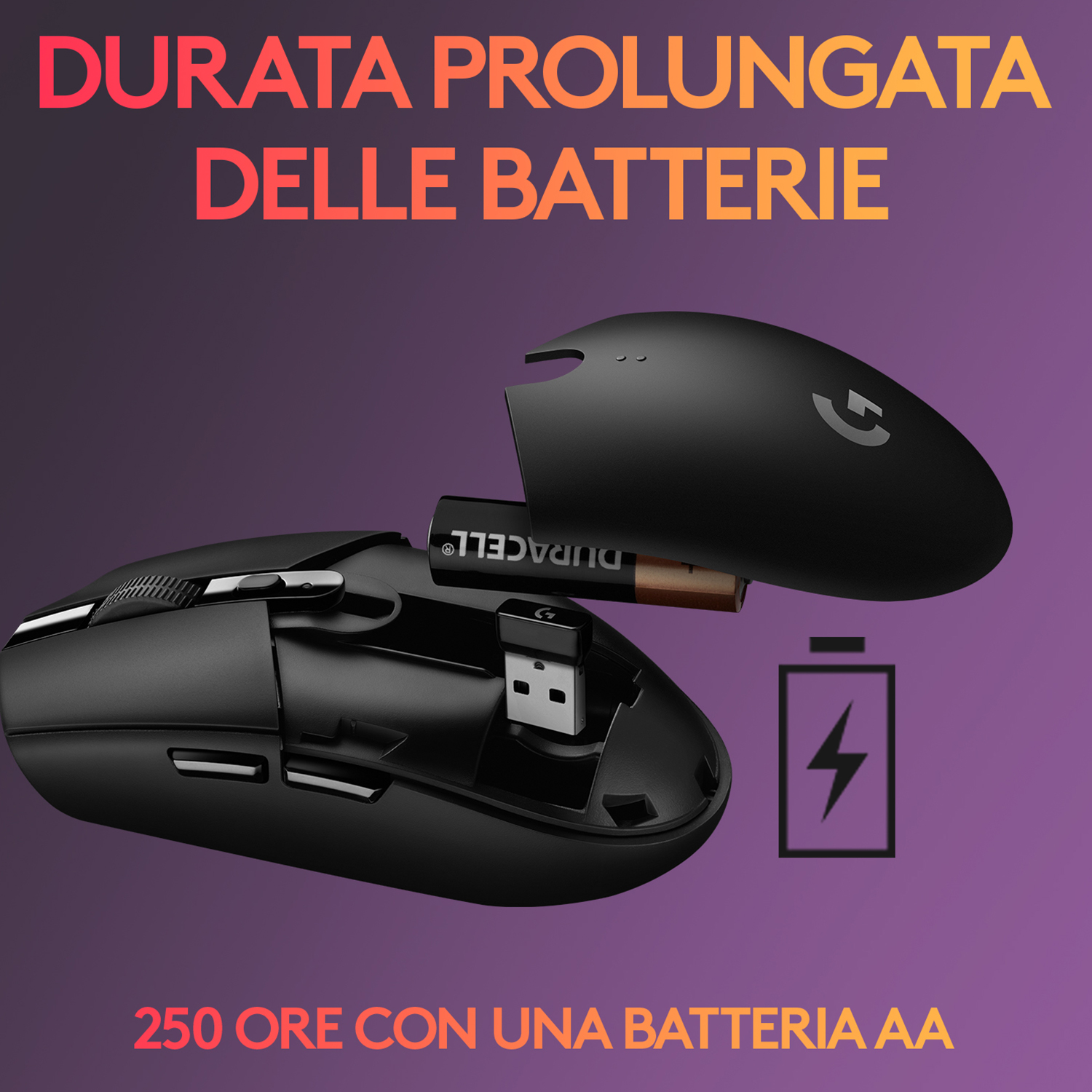 Mouse wireless nero con vano batteria aperto, batteria AA all'interno.