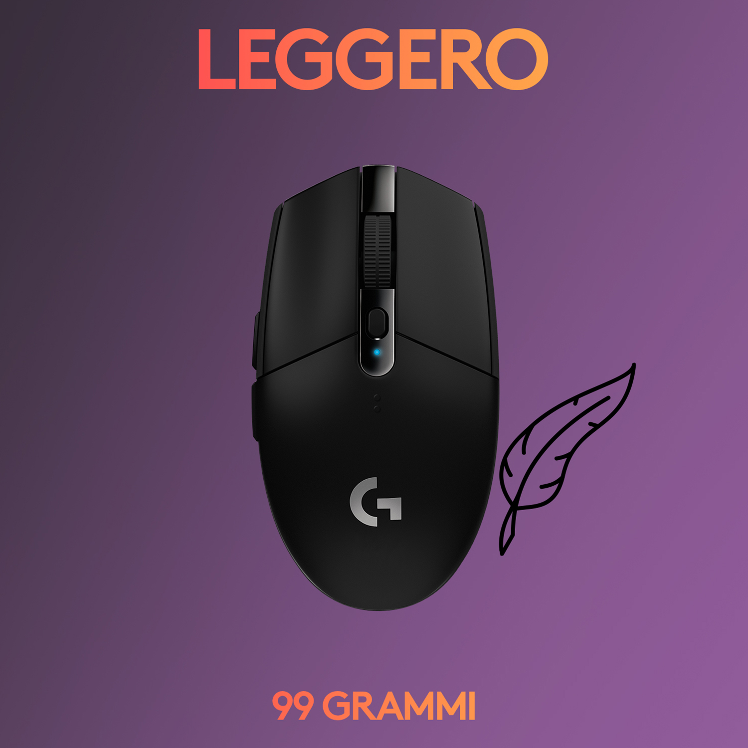 Mouse da gioco nero con grafica a piuma e testo '99 GRAMMI' su sfondo viola.