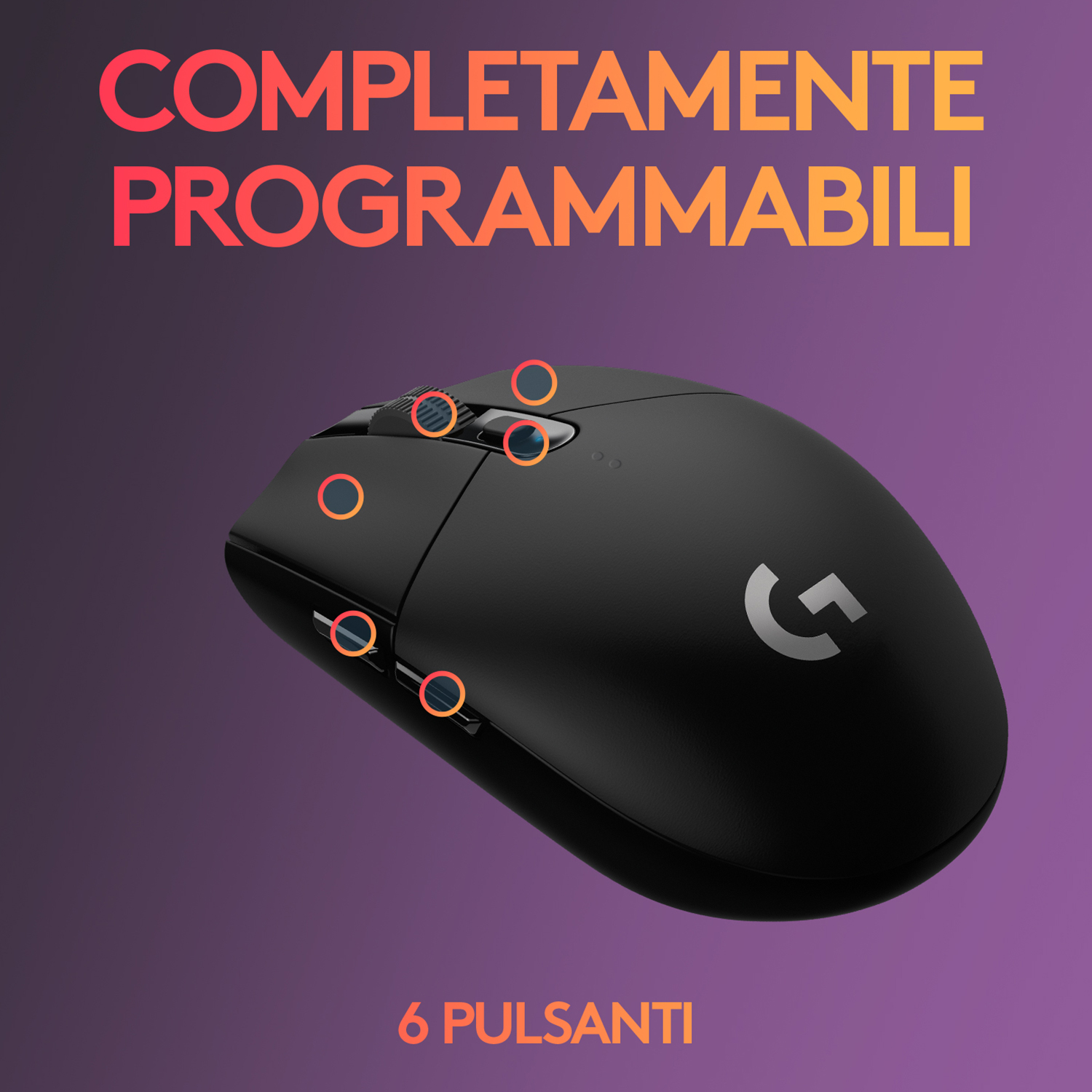 Mouse nero con pulsanti rossi. Testo '6 pulsanti' e 'COMPLETAMENTE PROGRAMMABILI' visibile.