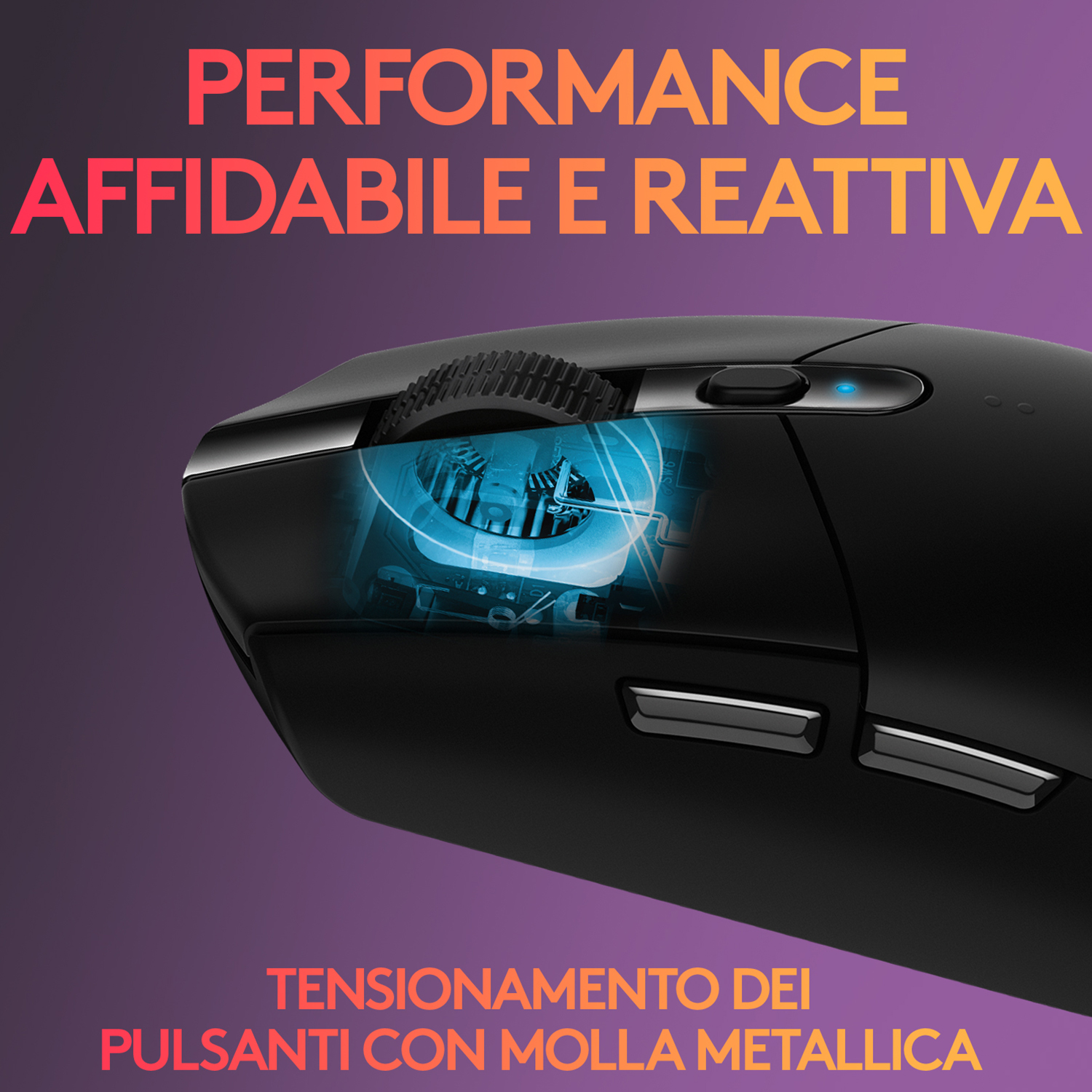 Un mouse nero con luce blu, con testo in italiano: "PERFORMANCE AFFIDABILE E REATTIVA."