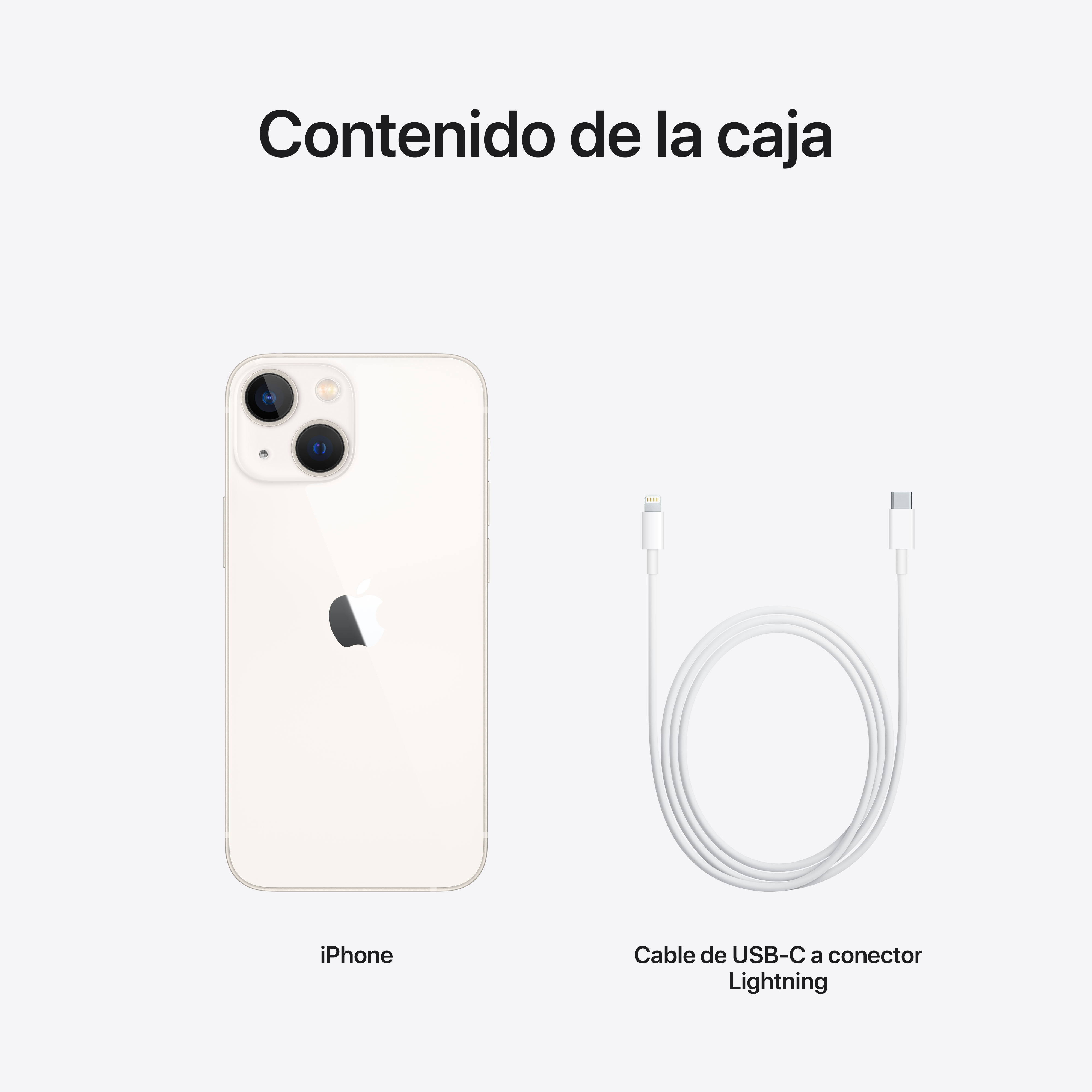 Un iPhone, un cable USB-C a Lightning blanco y el texto 'Contenido de la caja'.
