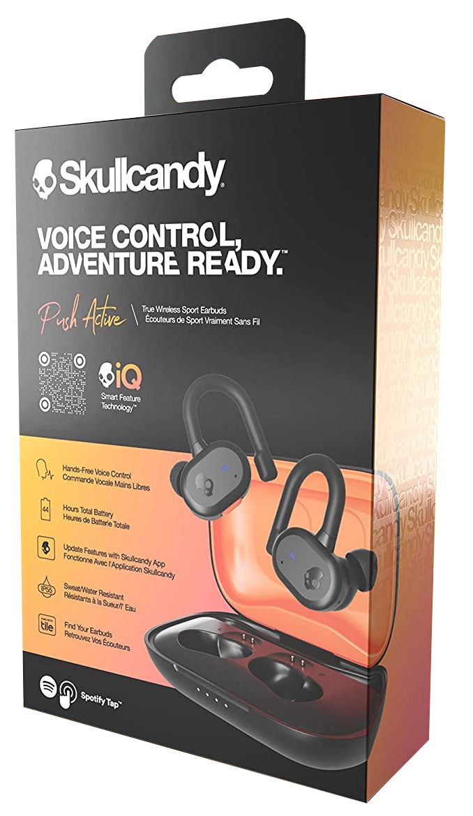 Skullcandy Push Active fülhallgató doboza, narancs és fekete.