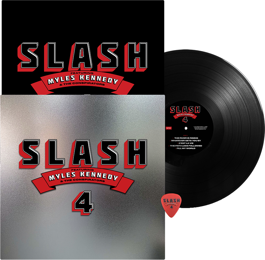 Fekete bakelit lemez "Slash, Myles Kennedy & The Conspirators 4" logóval és pengetővel.
