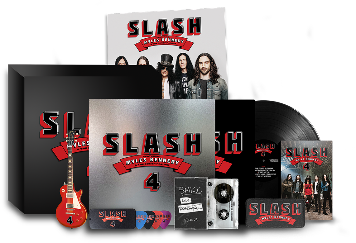 Egy nagy Slash árugyűjtemény. Tartalmaz CD-t, bakelitet, gitárt, pengetőket, kazettákat és posztereket.