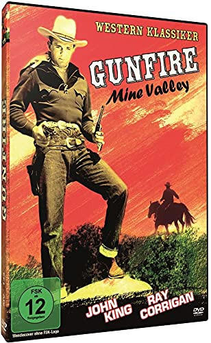 DVD-Cover von 'Gunfire Mine Valley'. Ein Cowboy mit Hut und ein Pferd auf einem Hügel.