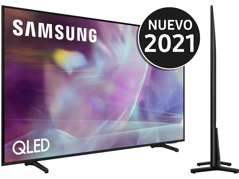 Un televisor Samsung QLED, mostrado con una pegatina 'Nuevo 2021'.