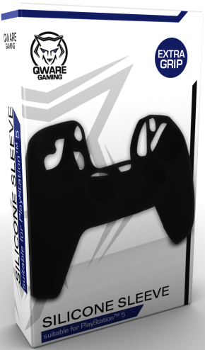 Black silicone sleeve for a PlayStation 5 controller, in a box.
