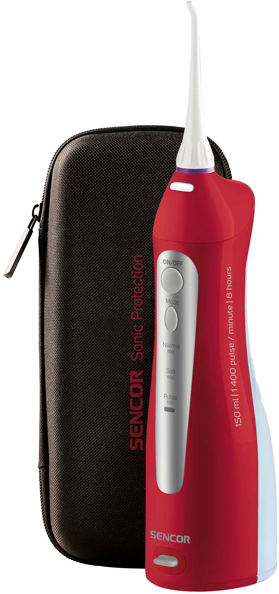 Piros-fehér Sencor Sonic Protection szájzuhany és egy fekete hordtáska.
