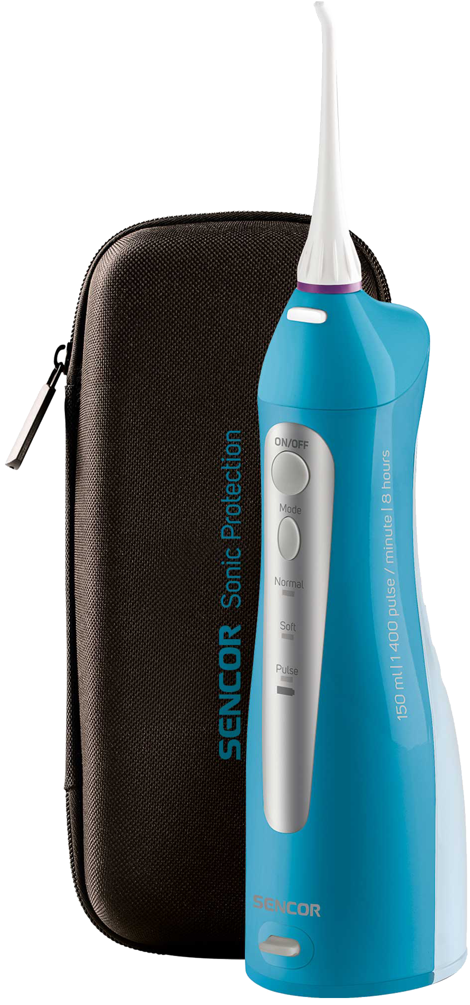 Kék-fehér Sencor Sonic Protection irrigátor tokkal. A gombok láthatók.