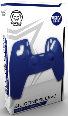 Blue silicone sleeve for a PlayStation 5 controller in a white and blue box.