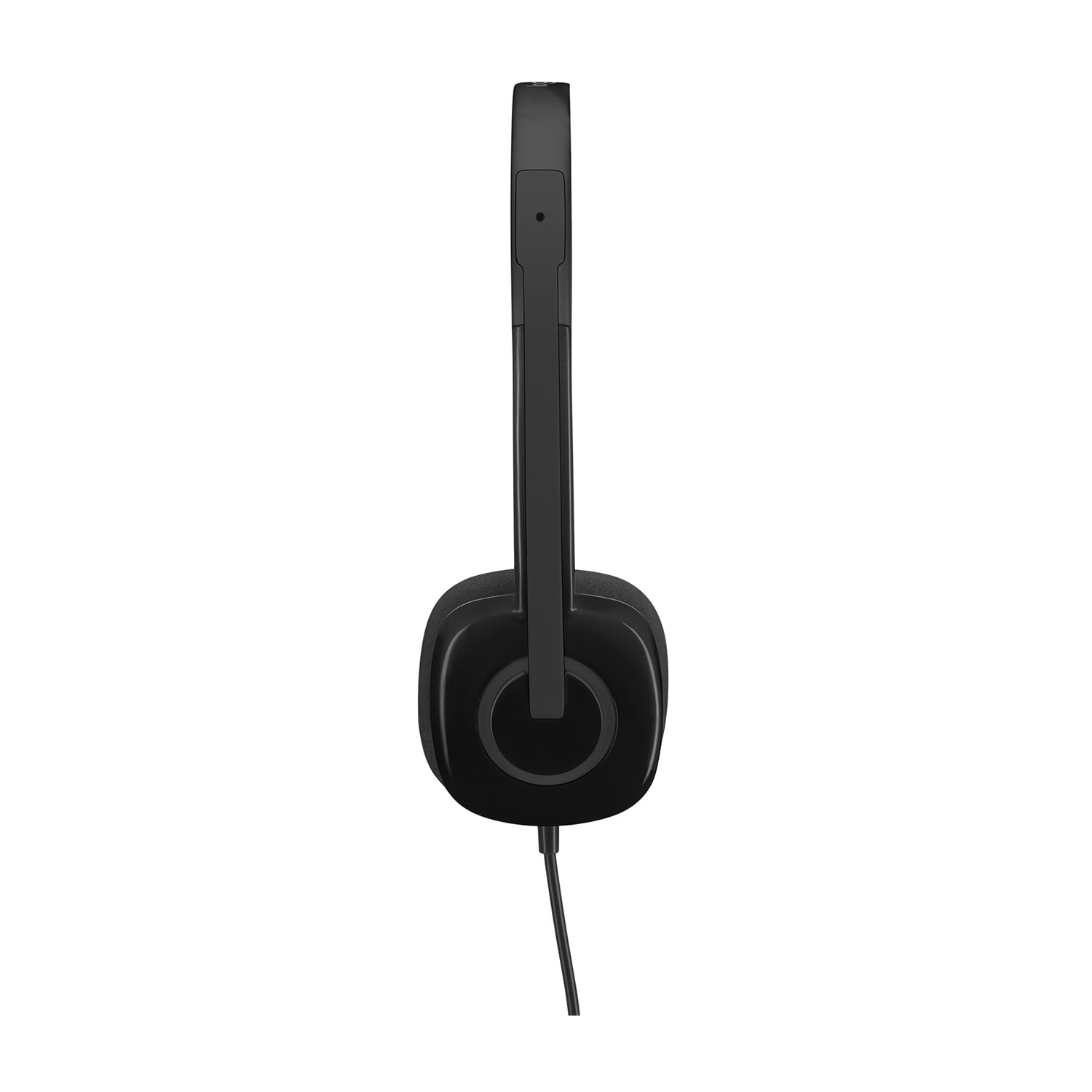Cuffie over-ear nere con microfono, vista laterale, sfondo bianco.
