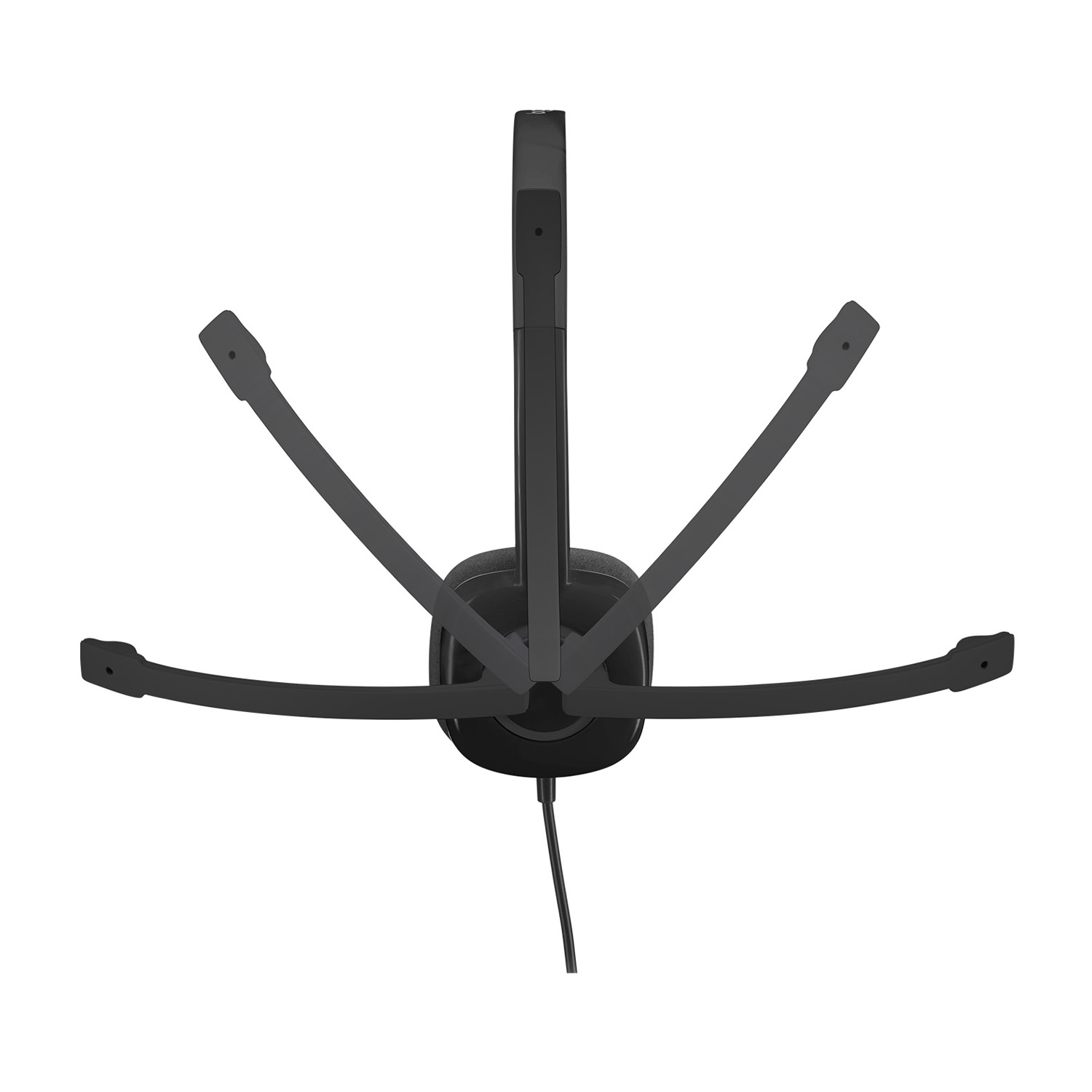 Cuffie nere con bracci microfonici regolabili. Un cavo nero è collegato.