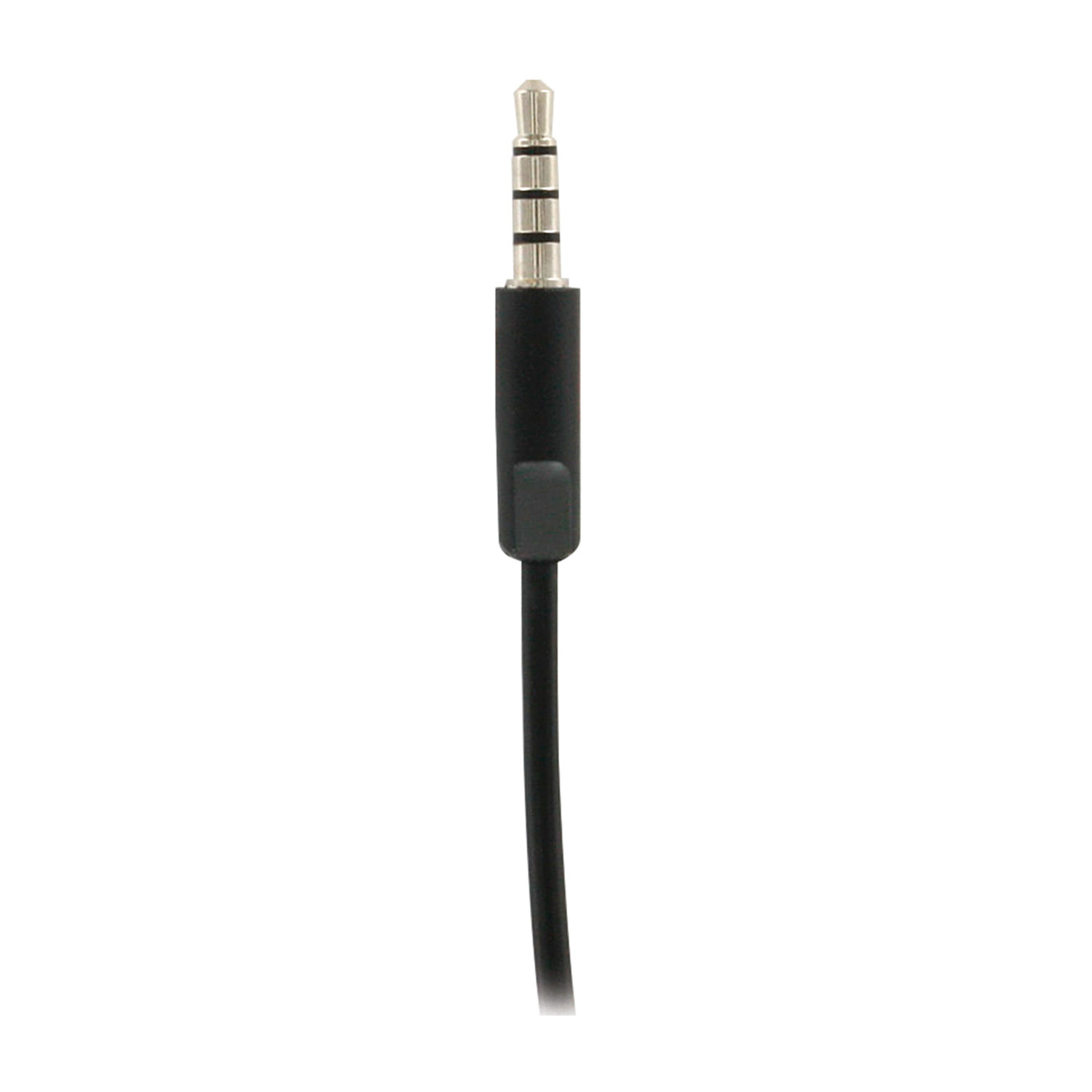 Jack audio da 3,5 mm con cavo nero. Punta color argento. Cavo nero collegato al jack. Sfondo bianco.