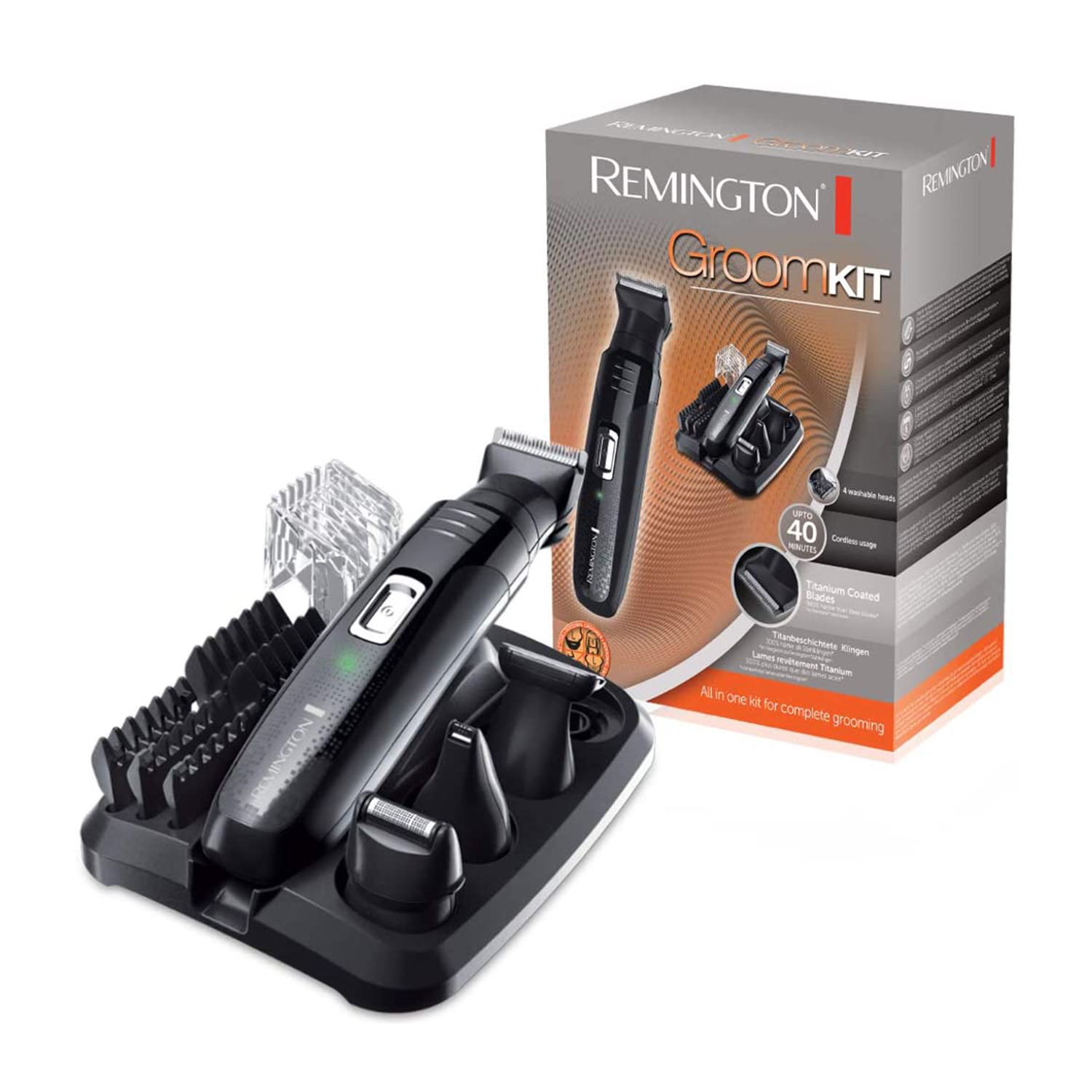 Un kit per la cura della persona Remington nero con più accessori e una scatola. È un kit per la cura della persona.