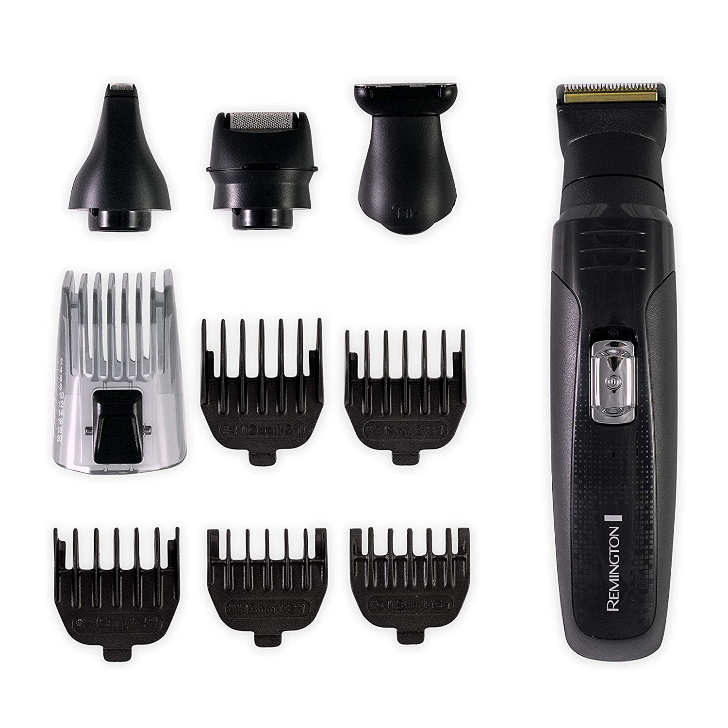 Kit per la cura della persona nero con più accessori su una superficie bianca.