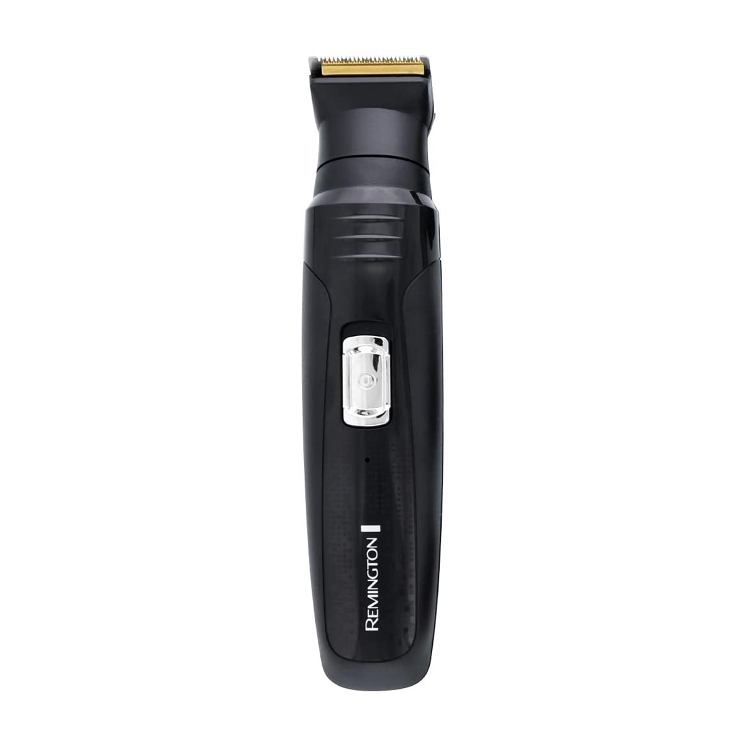 Tagliabarba Remington nero. Pulsante argentato. Verticale su sfondo bianco.