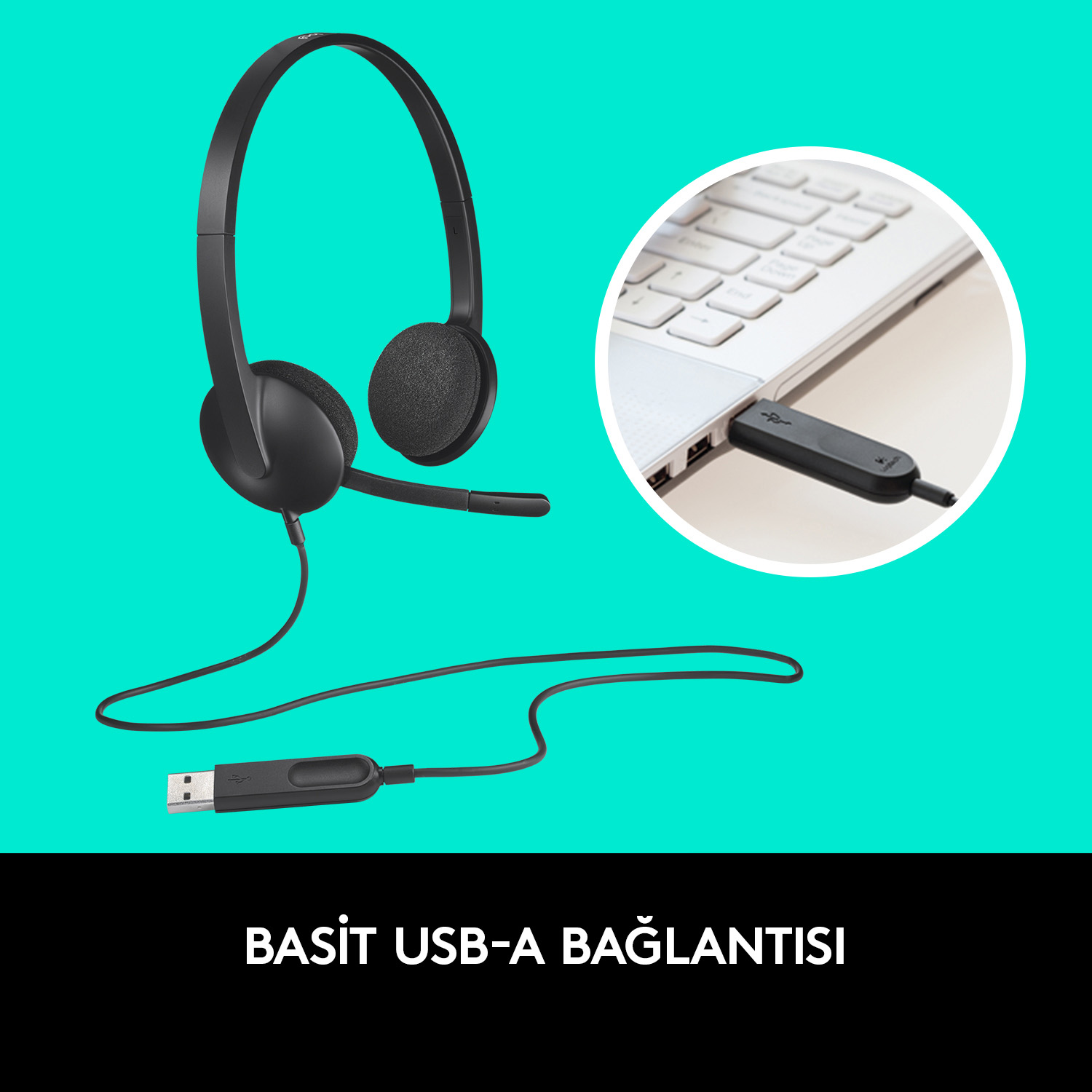 Cuffie nere con connettore USB collegato a un laptop.