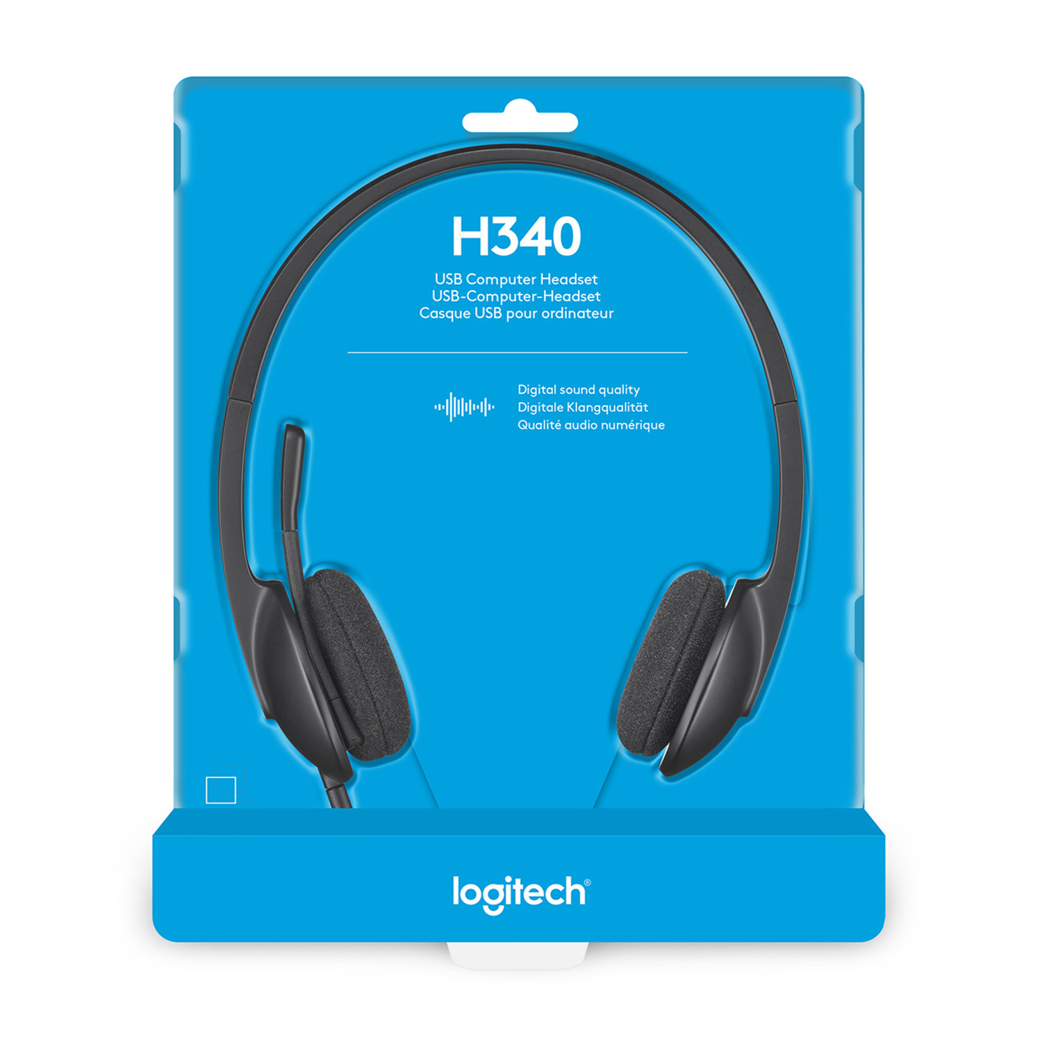 Cuffie in confezione blu. Il testo recita "H340 USB Computer Headset".