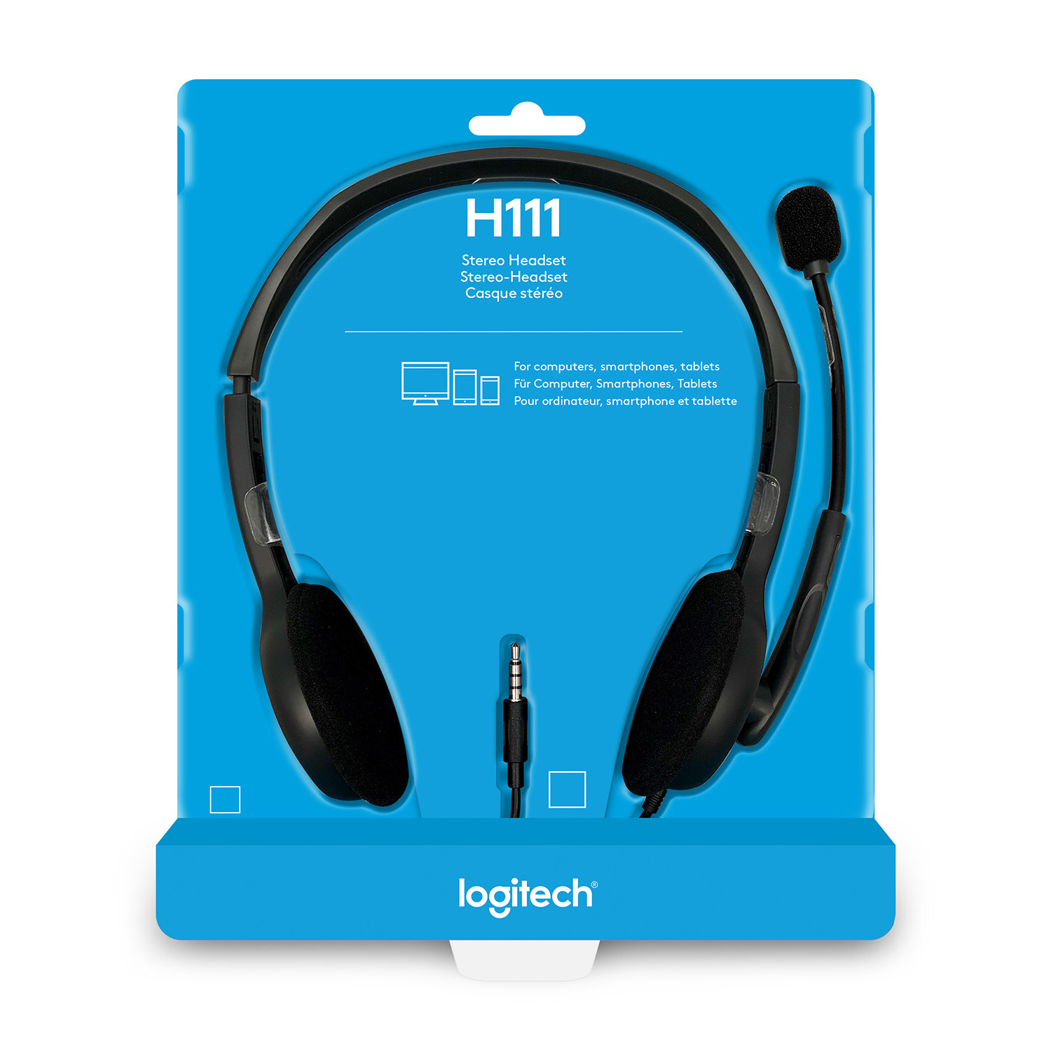 Cuffie in una confezione blu e bianca. Ha un microfono e padiglioni auricolari. Il marchio è Logitech.