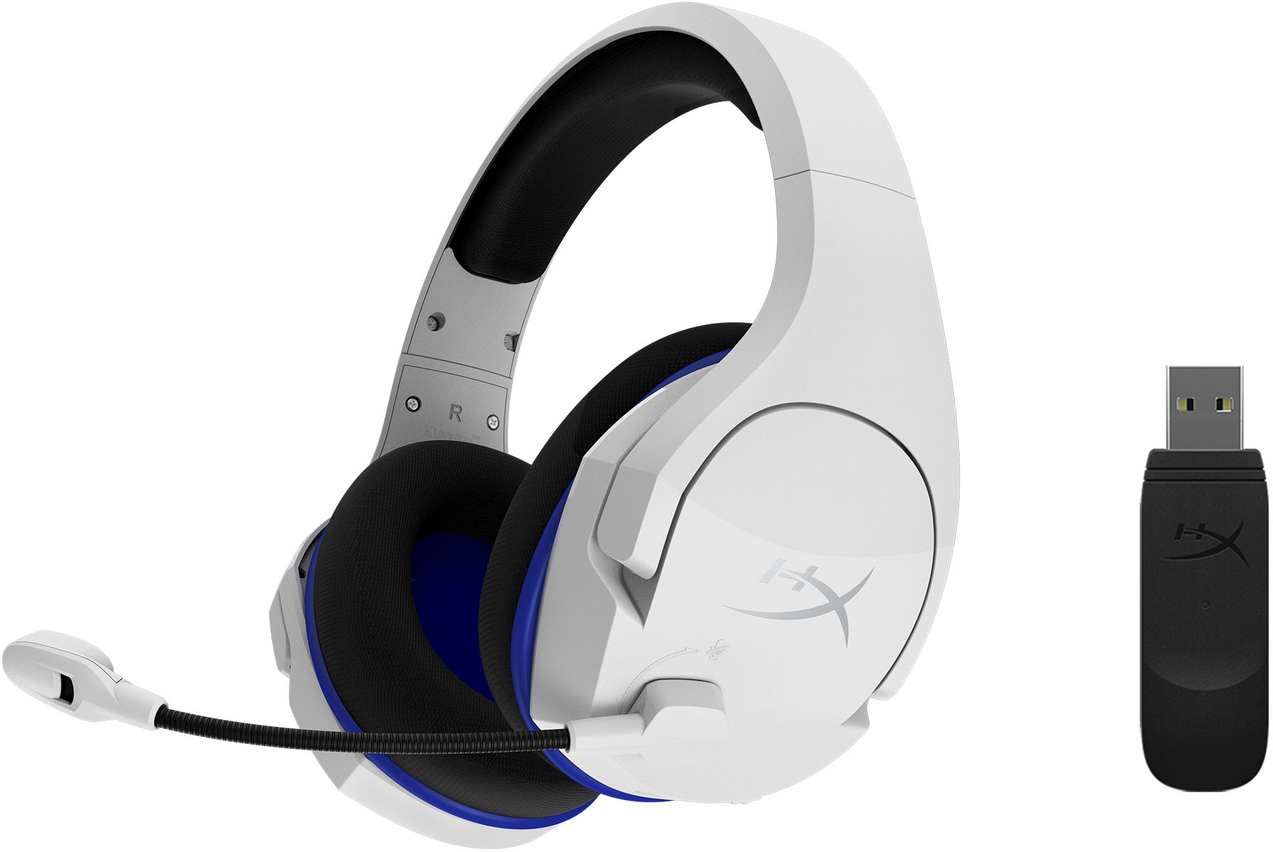Weißes und blaues HyperX Gaming-Headset. Abnehmbares Mikrofon und USB-Empfänger. Isoliert.