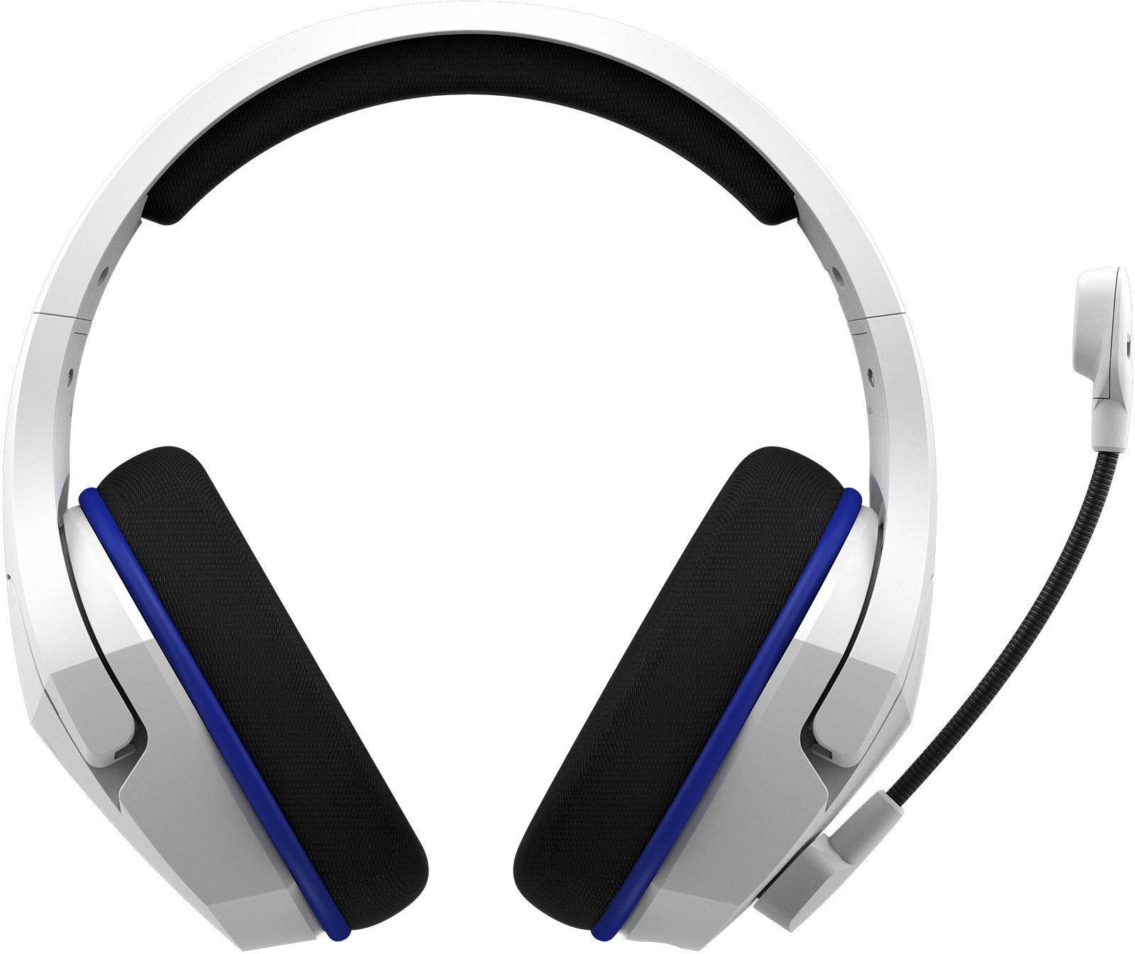 Weißes Gaming-Headset mit blauen Akzenten, Mikrofon und schwarzen Ohrpolstern.