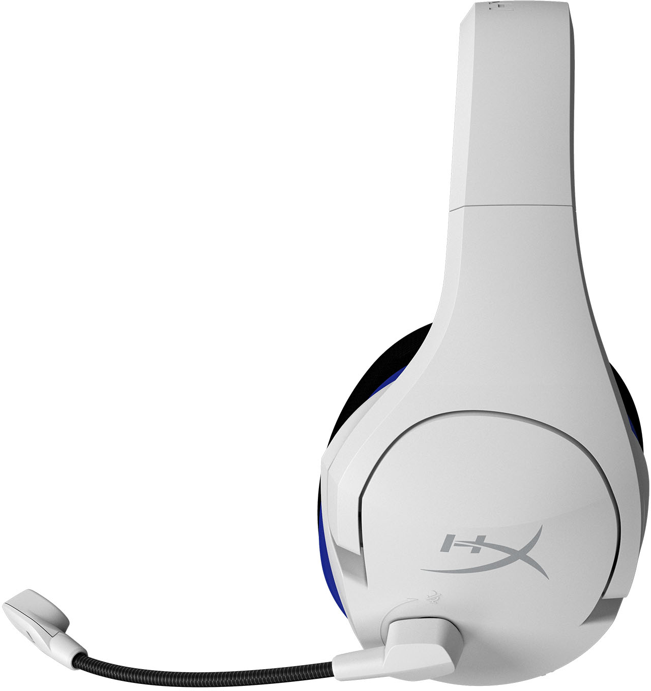 Weißes und blaues Gaming-Headset mit Mikrofon, leicht angewinkelt.