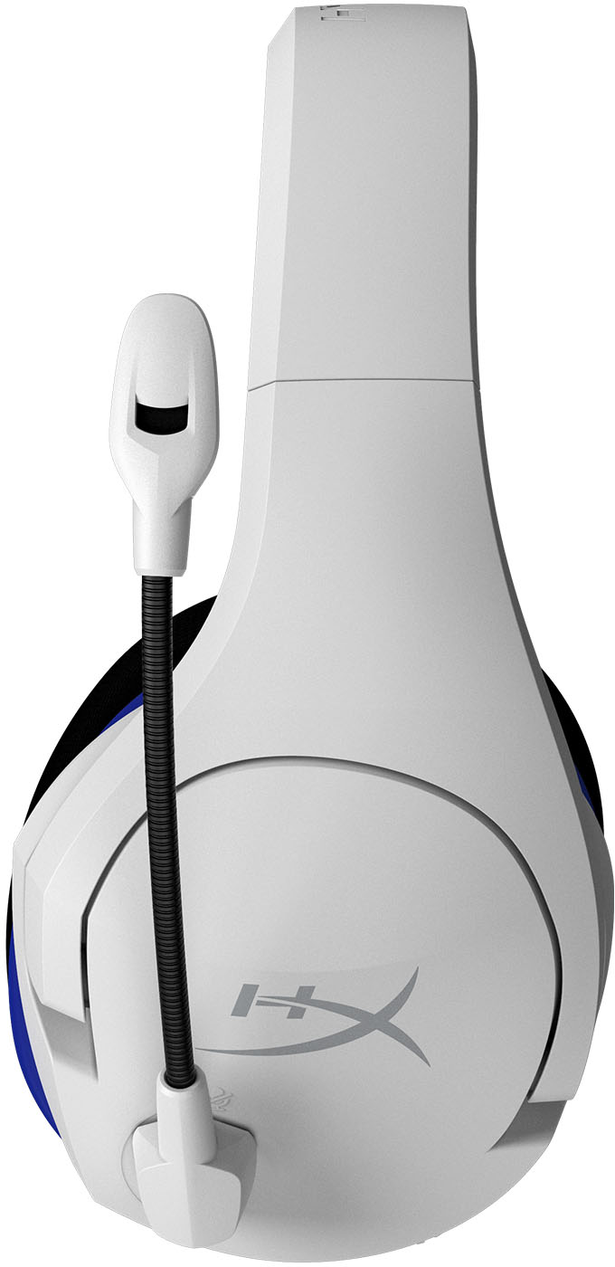 Weißes und schwarzes Gaming-Headset mit flexiblem Mikrofon, das sich von der linken Seite erstreckt.
