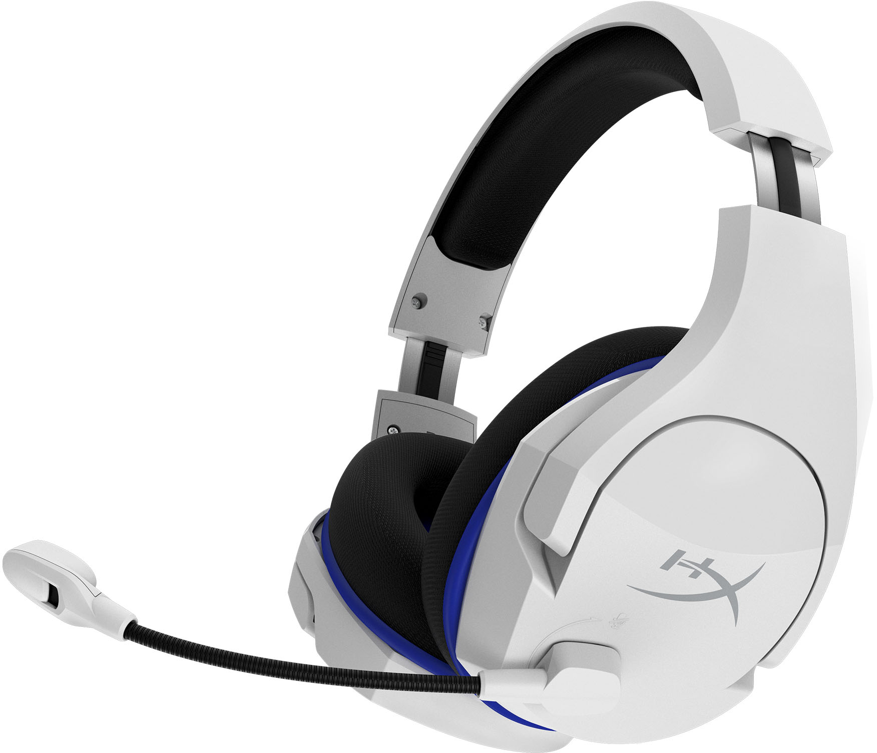 Weißes und blaues Gaming-Headset mit Mikrofon und HyperX-Logo an der Seite.