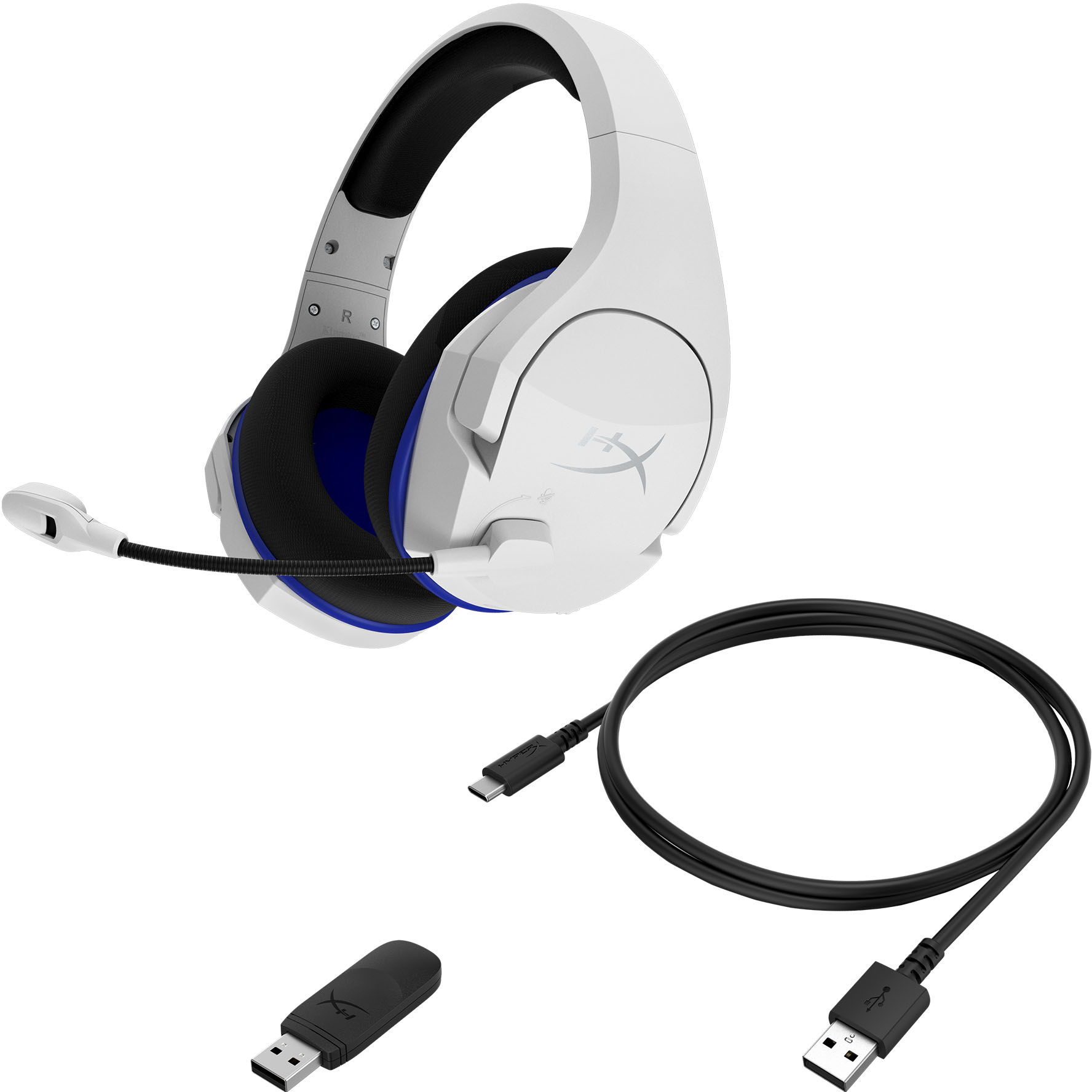 Weißes HyperX Gaming-Headset, USB-Empfänger und Kabel auf weißem Hintergrund.