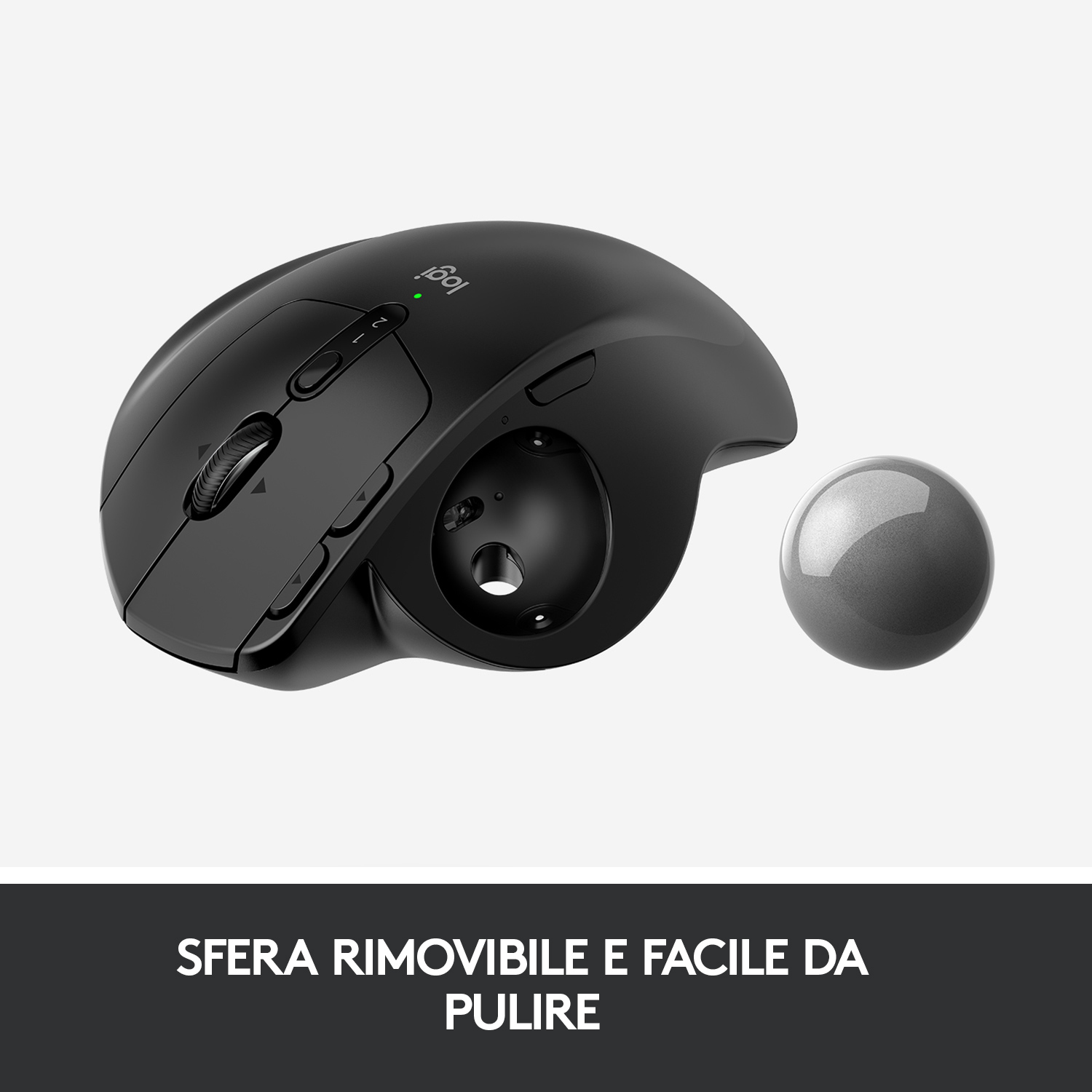 Mouse per computer nero con sfera rimovibile. Il mouse è su una superficie bianca.